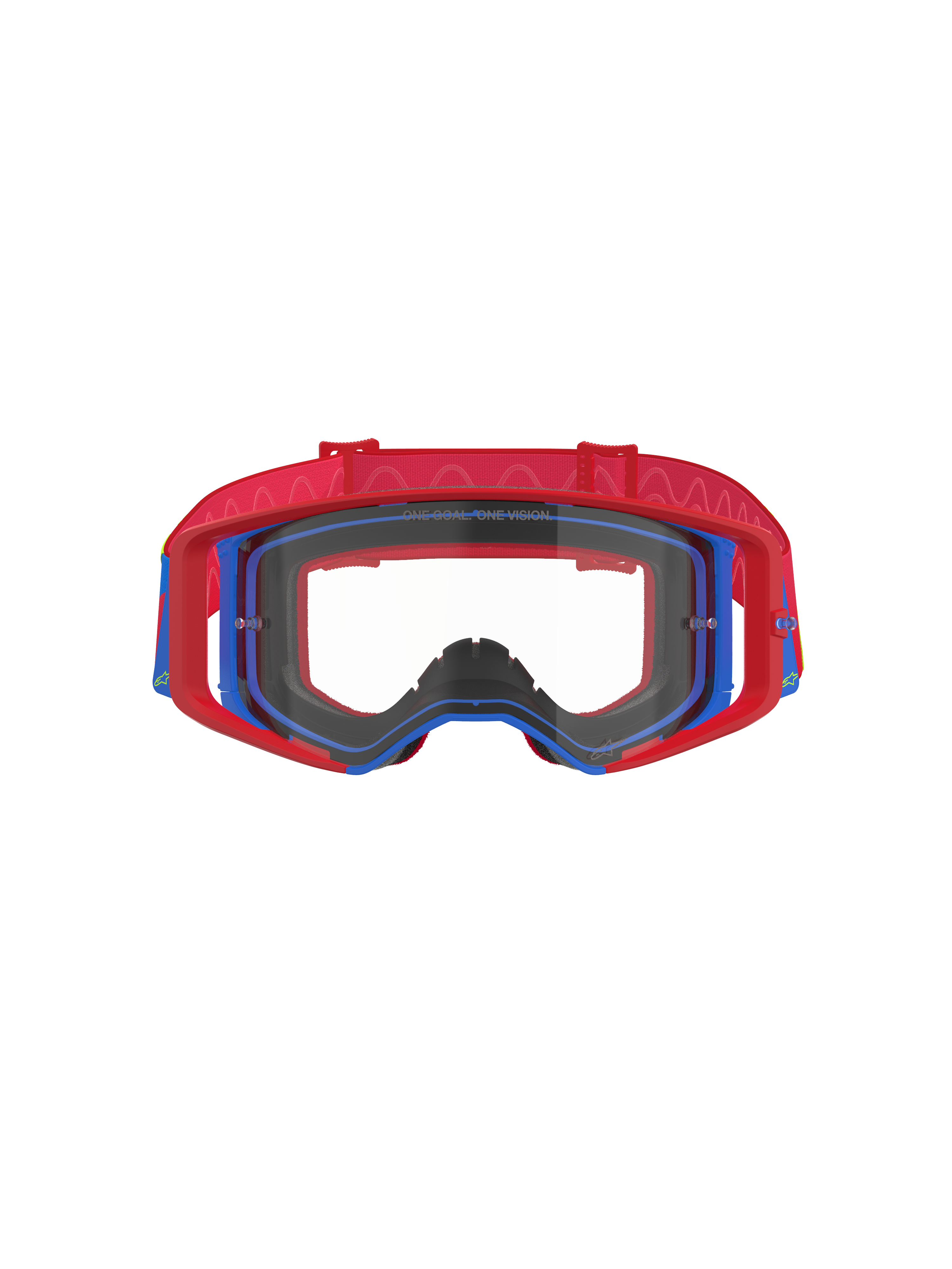 Alpinestars Supertech Corp Goggles, Motocross-Brille, Rot und Blau mit klarer Scheibe, roter Außenrahmen und blauer Innenrahmen, rotes Band mit wellenförmigem Silikonmuster, Performance-Brille für den Offroad-Rennsport