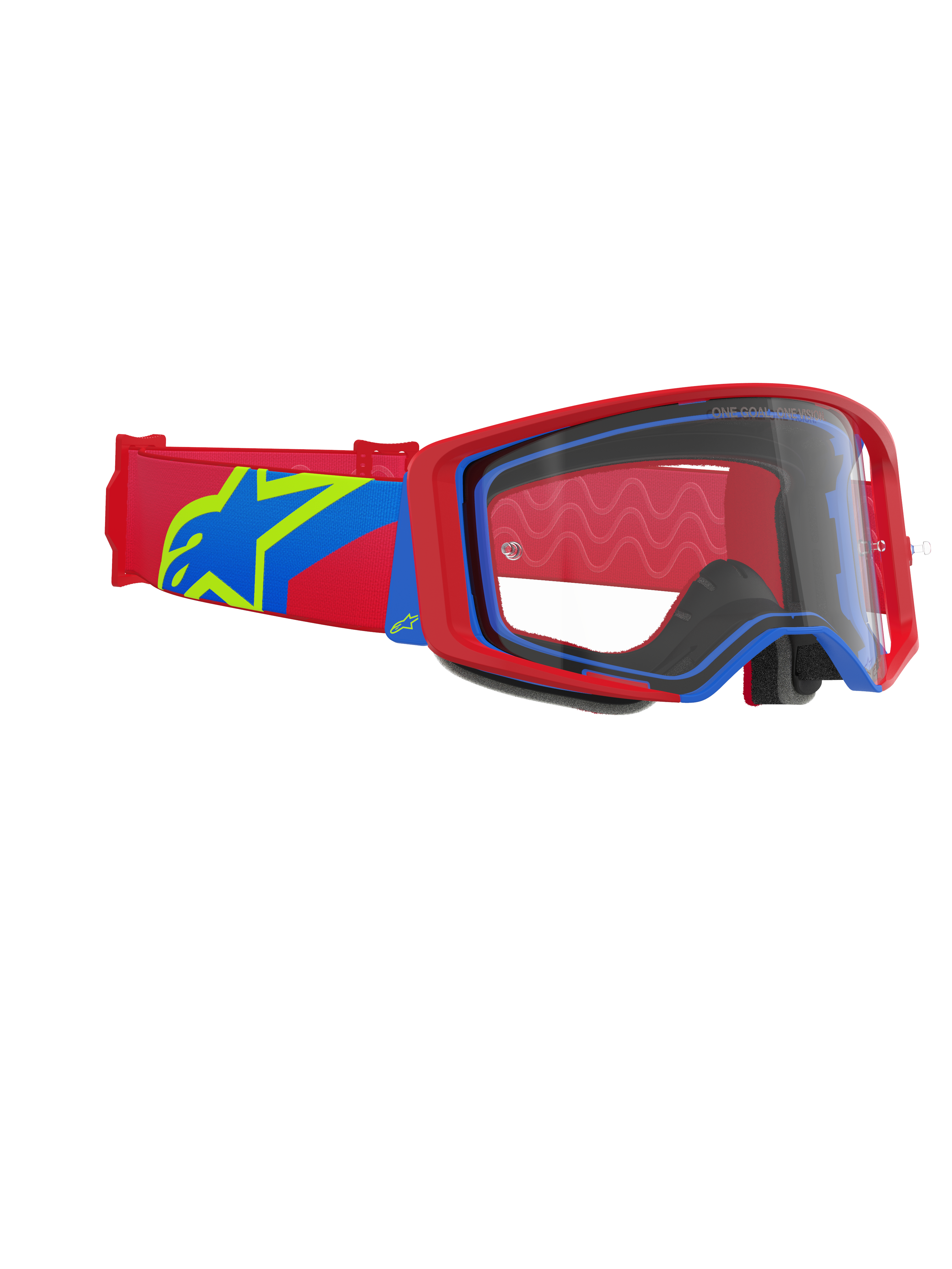 Alpinestars Supertech Corp Goggles, Motocross-Brille, roter und blauer Rahmen mit klarem Glas, rotes und blaues Band mit großem gelb-blauen Stern-Logo, professioneller Augenschutz für Offroad-Rennen
