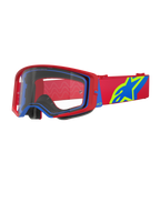 Alpinestars Supertech Corp Goggles, Motocross-Brille, Rot und Blau mit klarer Scheibe, mit rotem verstellbarem Band mit großem blauem und lindgrünem Stern-Logo, mehrlagiger Gesichtsschaum für Komfort, Hochleistungs-Augenschutz für den Offroad-Rennsport