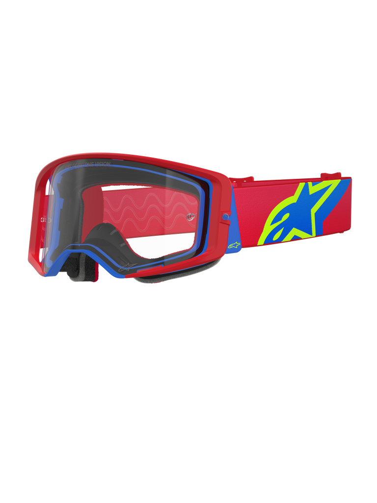 Alpinestars Supertech Corp Goggles, Motocross Goggles, Red and Blue with Clear Lens, featuring a red adjustable strap with a large blue and lime green star logo, multi-layer face foam for comfort, high-performance eye protection for off-road racing