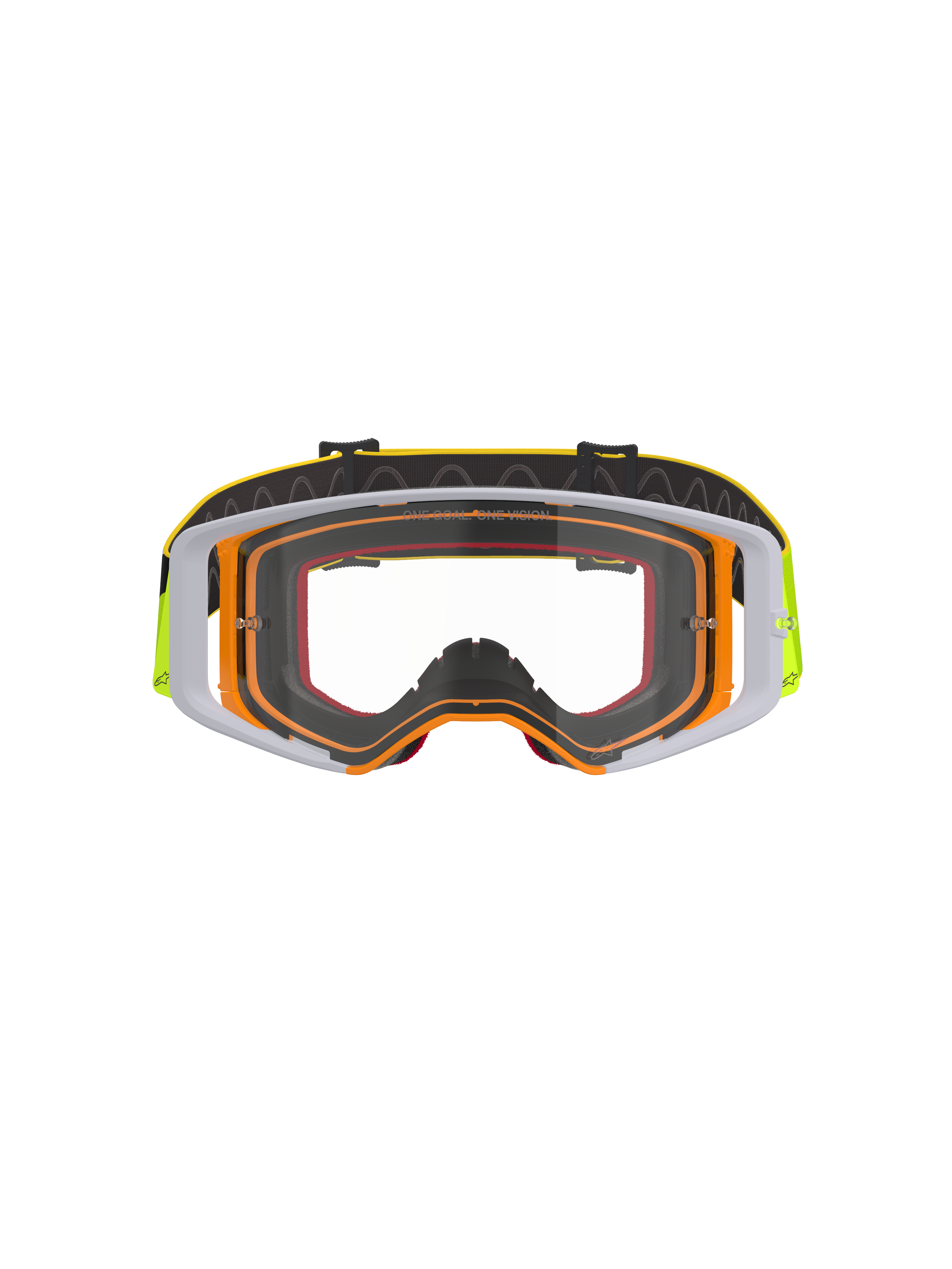 Alpinestars Supertech Corp Goggles, Motocross-Brille, neongelber und weißer Rahmen mit klarer Scheibe, graue Akzente, schwarzes verstellbares Band mit gelbem Branding und internem Silikon-Grip, Hochleistungs-Augenschutz für den Offroad-Rennsport