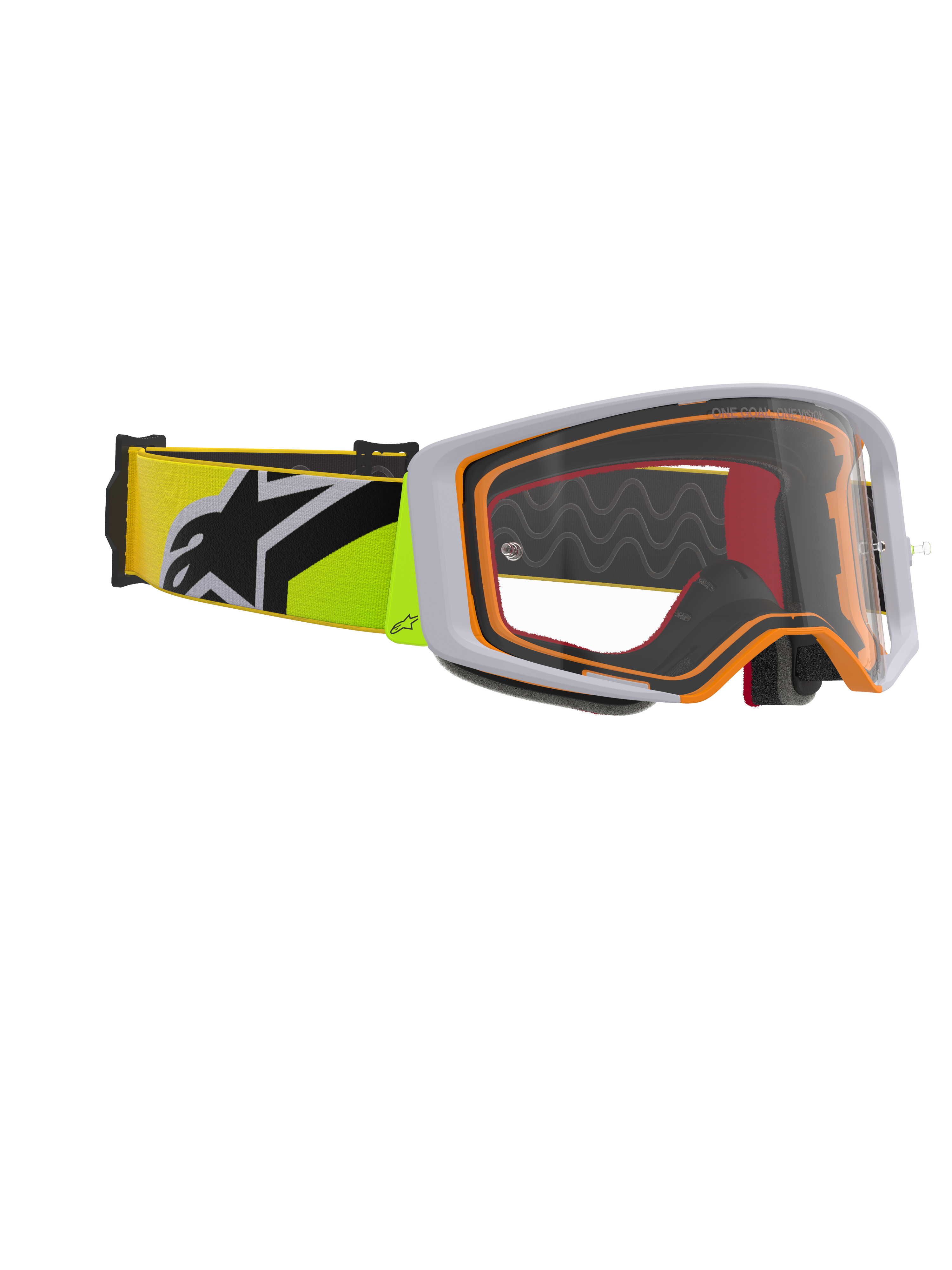 Alpinestars Supertech Corp Goggle, Motocross-Brille, Gelb Fluo und Grau, klare Sichtscheibe mit orangefarbenen Rahmenakzenten, gelbes Fluo-Band mit schwarzem Alpinestars-Logo für den Offroad-Rennsport.