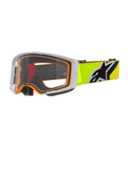 Alpinestars Supertech Corp Goggles, Motocross-Brille, Fluo-Gelb Grau Klar, grauer Außenrahmen mit orangefarbener Innendichtung, klare Scheibe, leuchtend gelbes Brillenband mit schwarz-weißem Alpinestars-Logo, Hochleistungsbrille für den Offroad-Rennsport