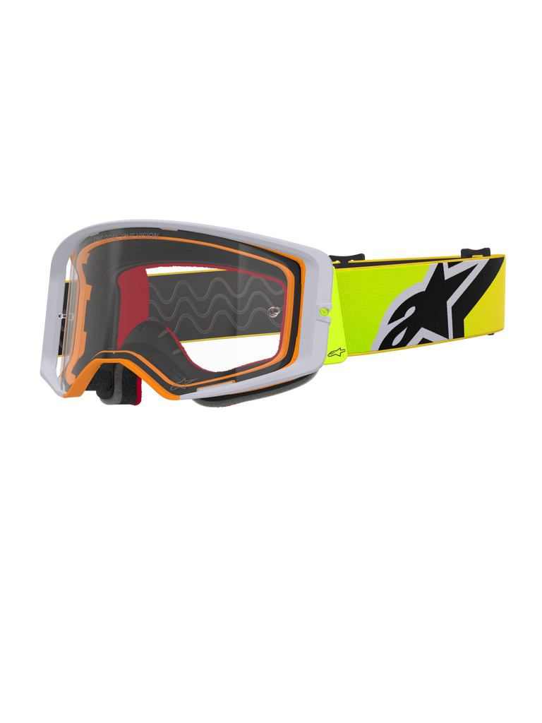 Alpinestars Supertech Corp Goggles, Motocross Goggles, Fluo Yellow Grey Clear, grey outer frame with orange inner seal, clear lens, bright yellow strap with black and white Alpinestars logo, high-performance eyewear for off-road racing