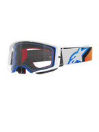 Alpinestars Supertech Corp Goggles, Motocross-Brille, Blau, Orange und Weiß, Klare Scheibe mit weißem Rahmen und blauen Akzenten, breites Band mit Alpinestars Stern-Logo und Silikon-Grip, Hochleistungs-Schutzbrille für den Offroad-Rennsport