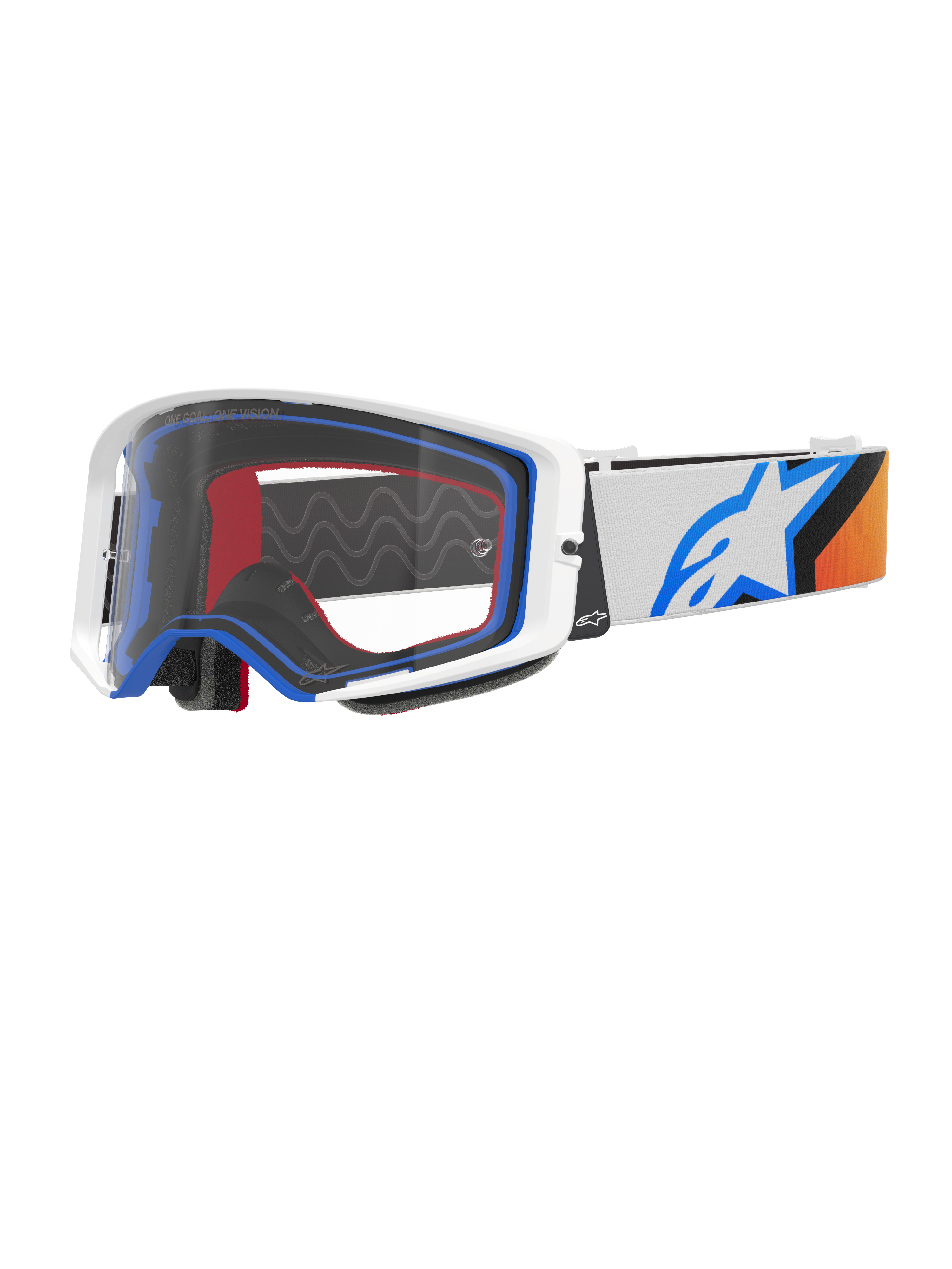 Alpinestars Supertech Corp Goggles, Motocross-Brille, Blau, Orange und Weiß, Klare Scheibe mit weißem Rahmen und blauen Akzenten, breites Band mit Alpinestars Stern-Logo und Silikon-Grip, Hochleistungs-Schutzbrille für den Offroad-Rennsport