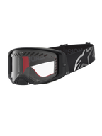 Alpinestars Supertech Dura Air Fluid Schutzbrille für Motocross, Schwarz und Silber, klare Scheibe und breites Logoband.