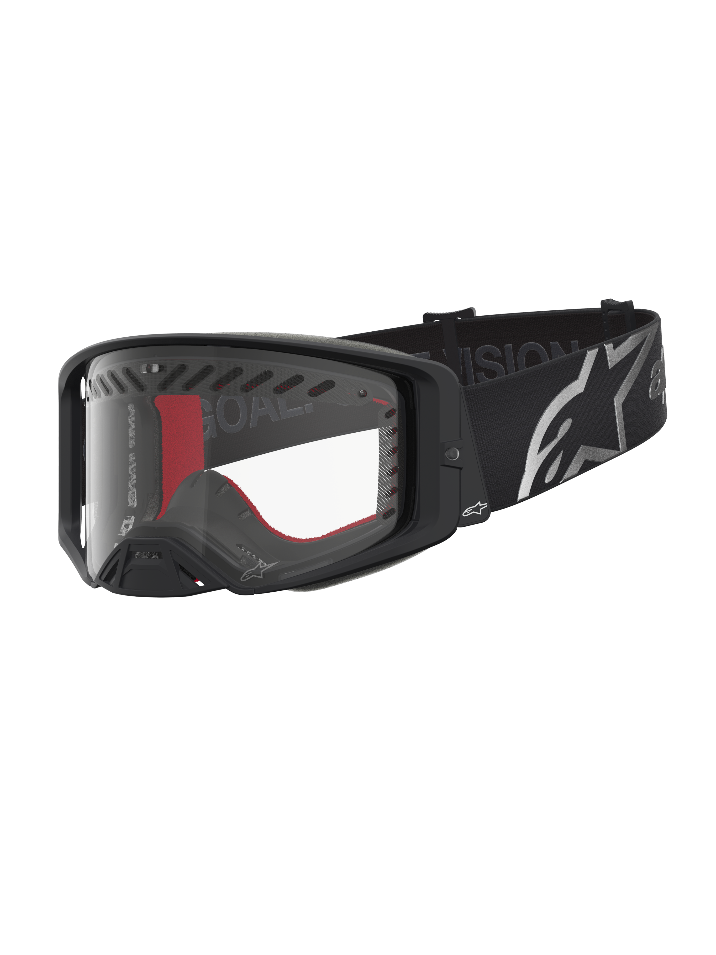 Alpinestars Supertech Dura Air Fluid Schutzbrille für Motocross, Schwarz und Silber, klare Scheibe und breites Logoband.