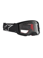 Alpinestars Supertech Dura Air Fluid Schutzbrille, MX-Rennbrille in Schwarz und Silber mit klarer Polycarbonat-Linse.