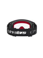 Alpinestars Supertech Dura Air Fluid Motocross-Schutzbrille, Schwarz und Silber, klare Scheibe und rote Innenpolsterung.