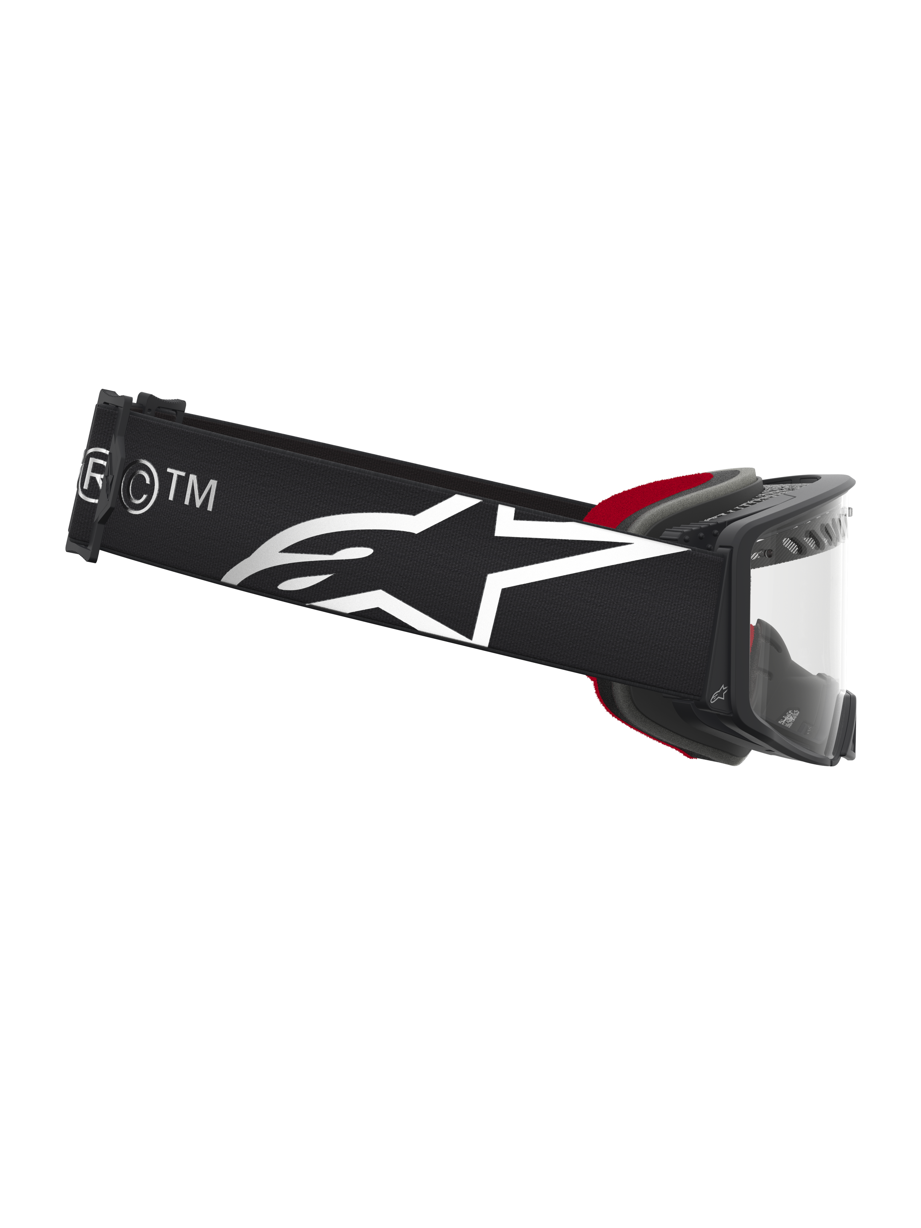 Alpinestars Supertech Dura Air Fluid Schutzbrille, Motocross-Schutzbrille in Schwarz und Silber mit Logo-Band.