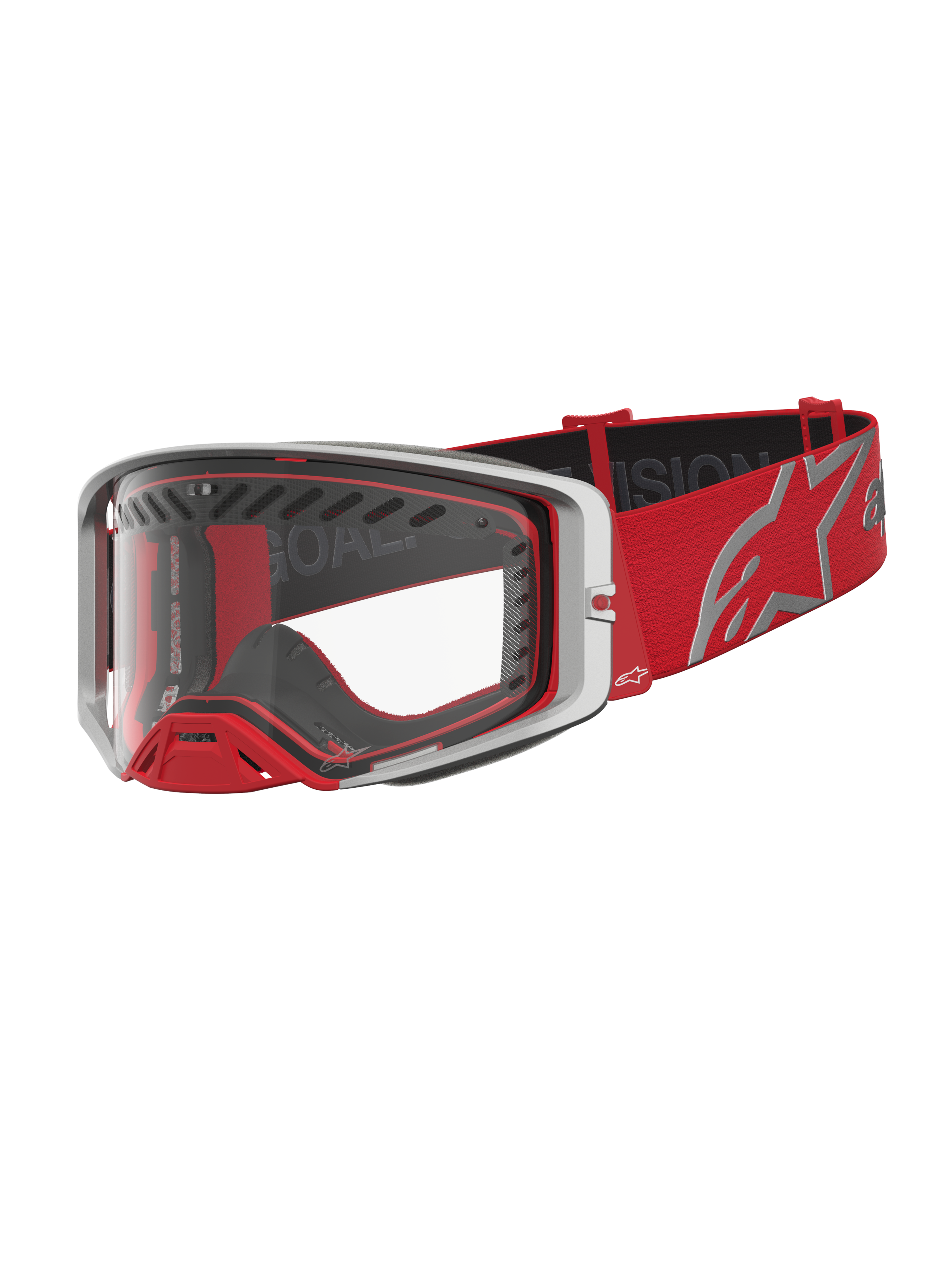 Alpinestars Supertech Schutzbrille Dura Air Fluid, Motocross-Schutzbrille in Rot und Silber mit klarer Polycarbonat-Scheibe.