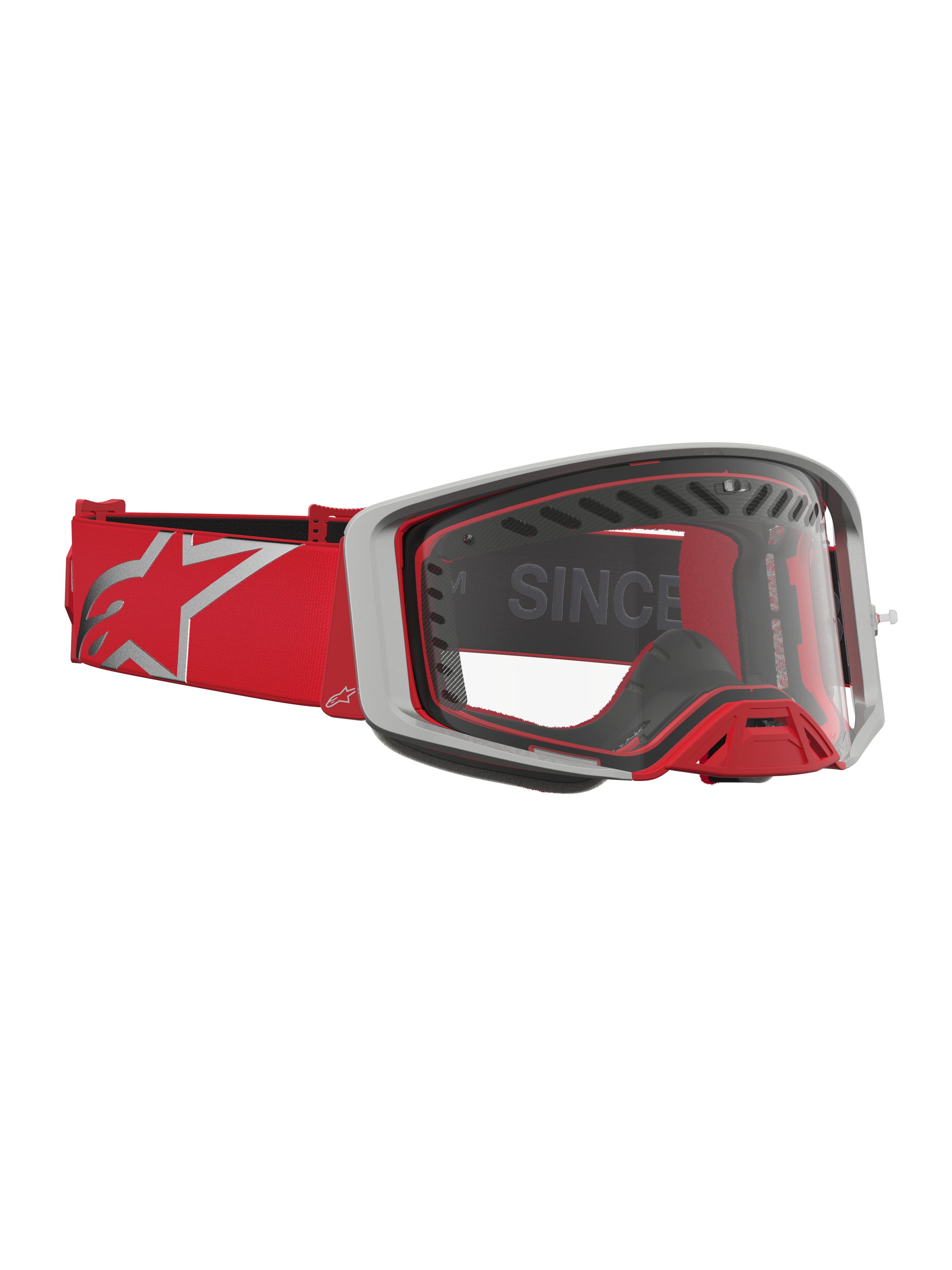 Alpinestars Supertech Dura Air Fluid Motocross-Schutzbrille, Rot und Silber, klare Sichtscheibe, Belüftungssystem.