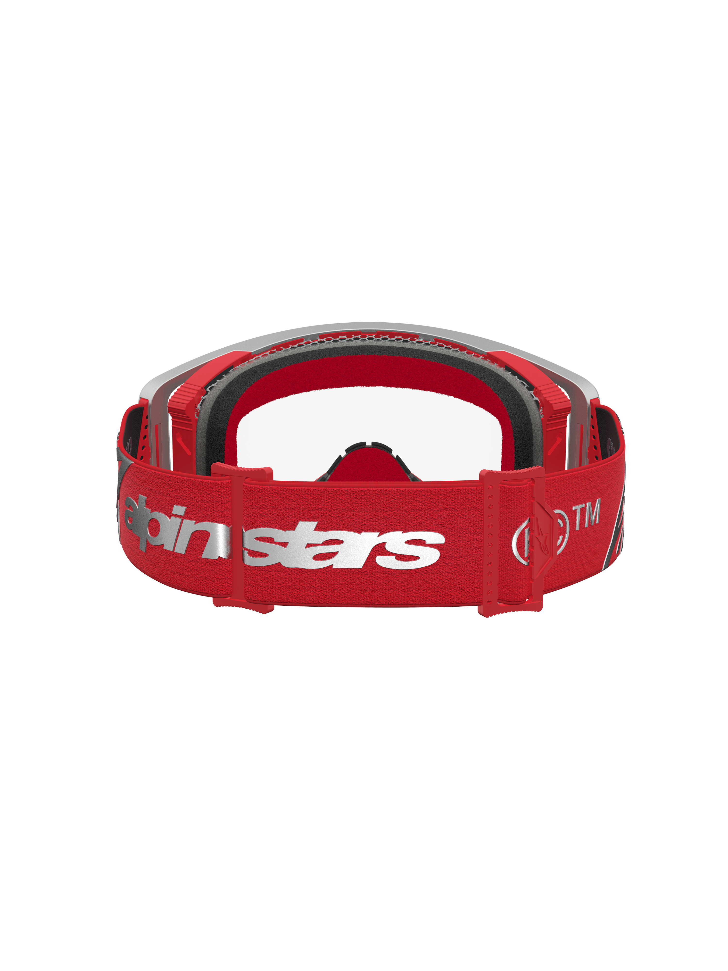 Supertech Schutzbrille Dura Air Fluid, Motocross-Brille in Rot und Silber, verstellbares Logo-Band und Schaumstoffpolsterung.