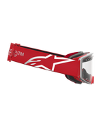 Alpinestars Supertech Schutzbrille Dura Air Fluid, Motocross-Schutzbrille für den Rennsport, Rot und Silber, klare Scheibe und weißes Stern-Logo auf dem Brillenband.