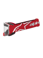 Alpinestars Supertech Schutzbrille Dura Air Fluid, Motocross-Schutzbrille, Rot und Silber, klare Scheibe, weißes Logo-Band.