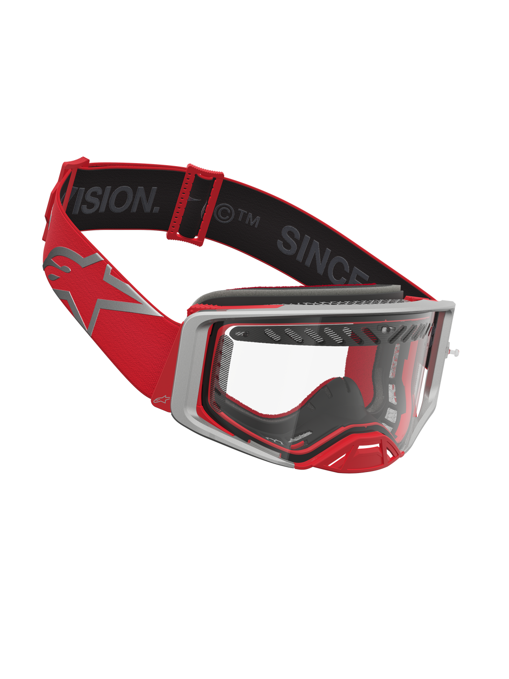 Alpinestars Supertech Schutzbrille Dura Air Fluid, Motocross-Brille in Rot und Silber mit klarer Sichtscheibe und Belüftung.
