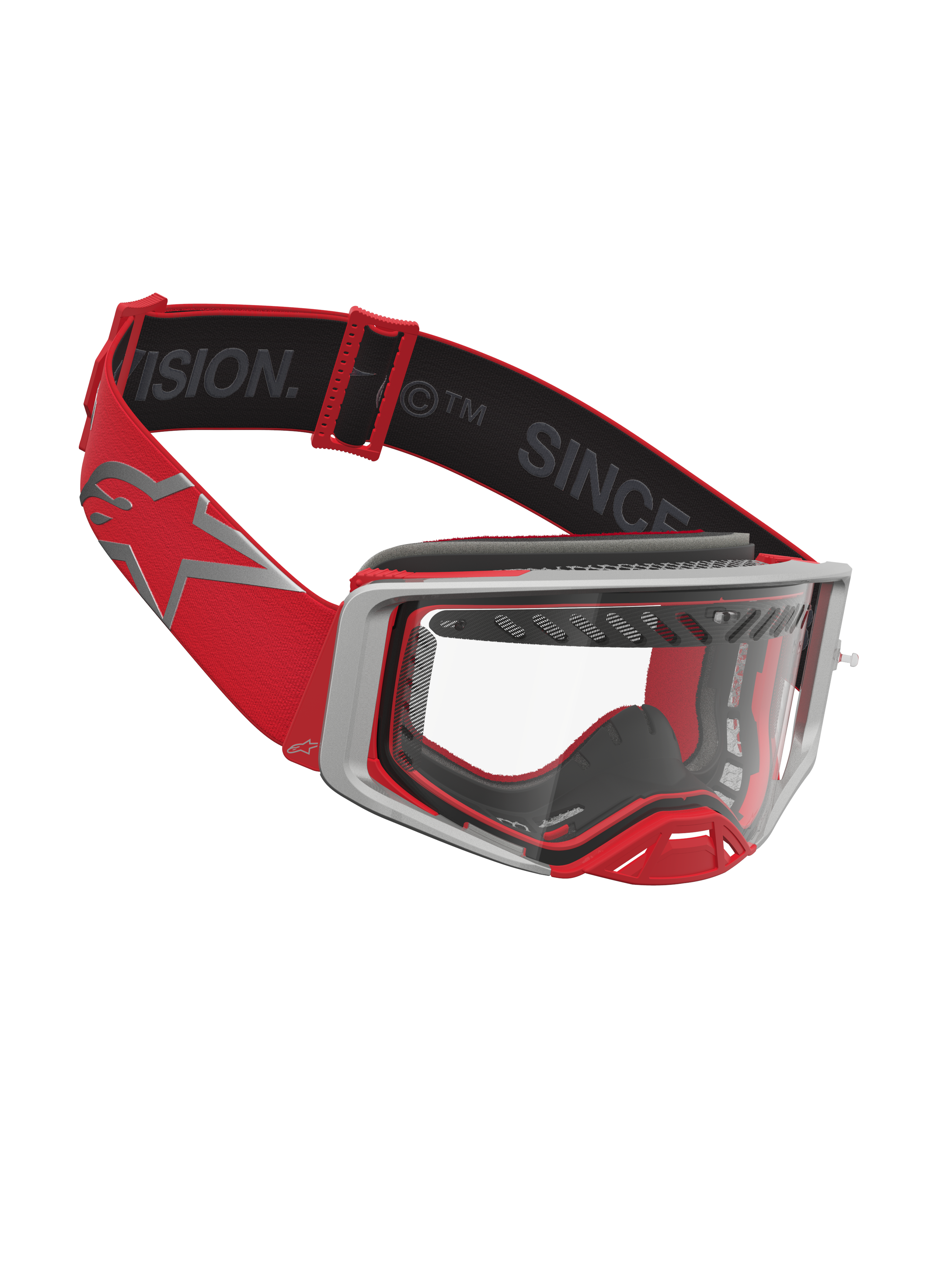 Alpinestars Supertech Schutzbrille Dura Air Fluid, Motocross-Brille in Rot und Silber mit klarer Sichtscheibe und Belüftung.