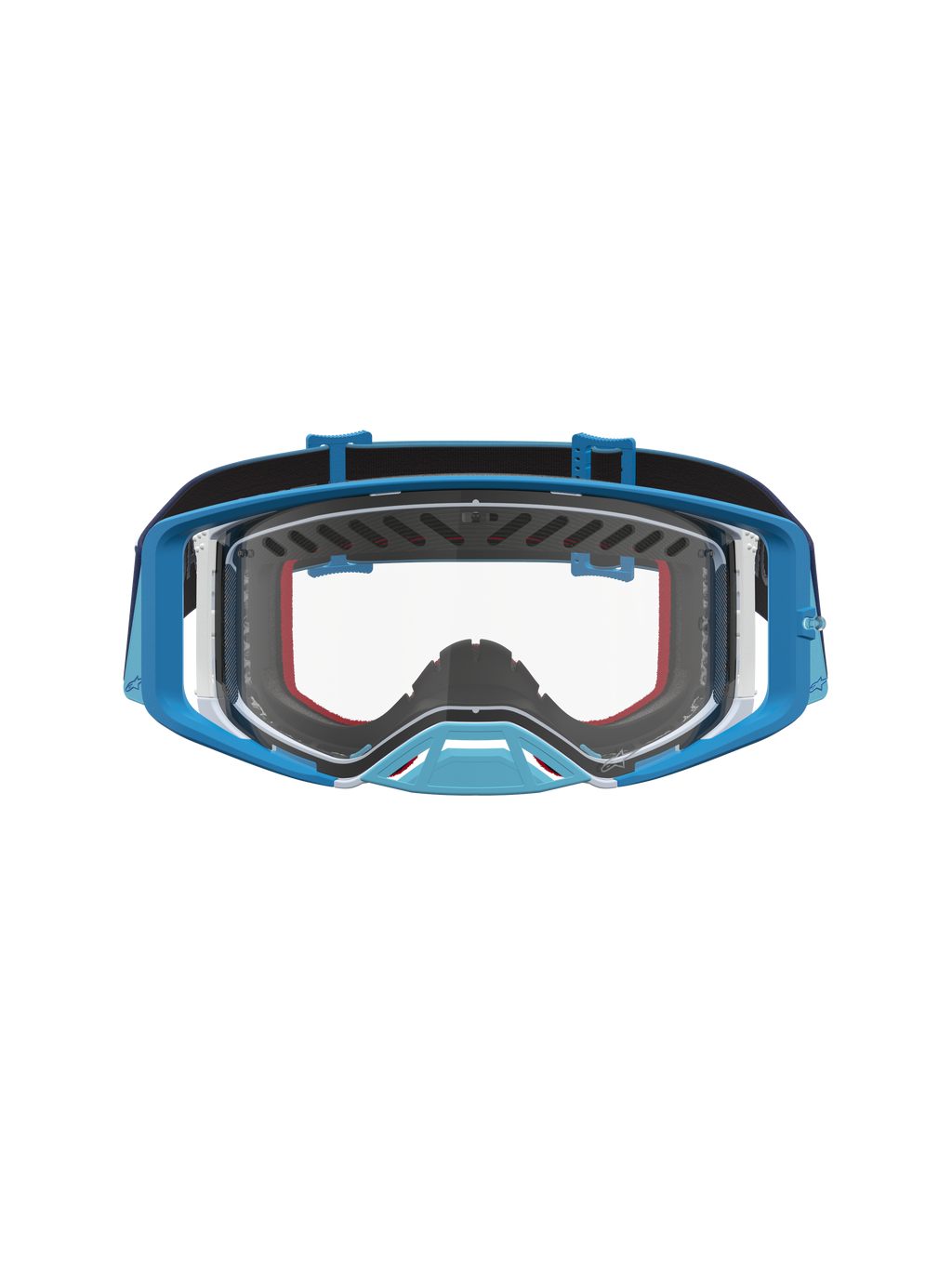 Alpinestars Supertech Dura Air Schutzbrille Fluid in Blau und Grau für Motocross mit einer klaren Scheibe.