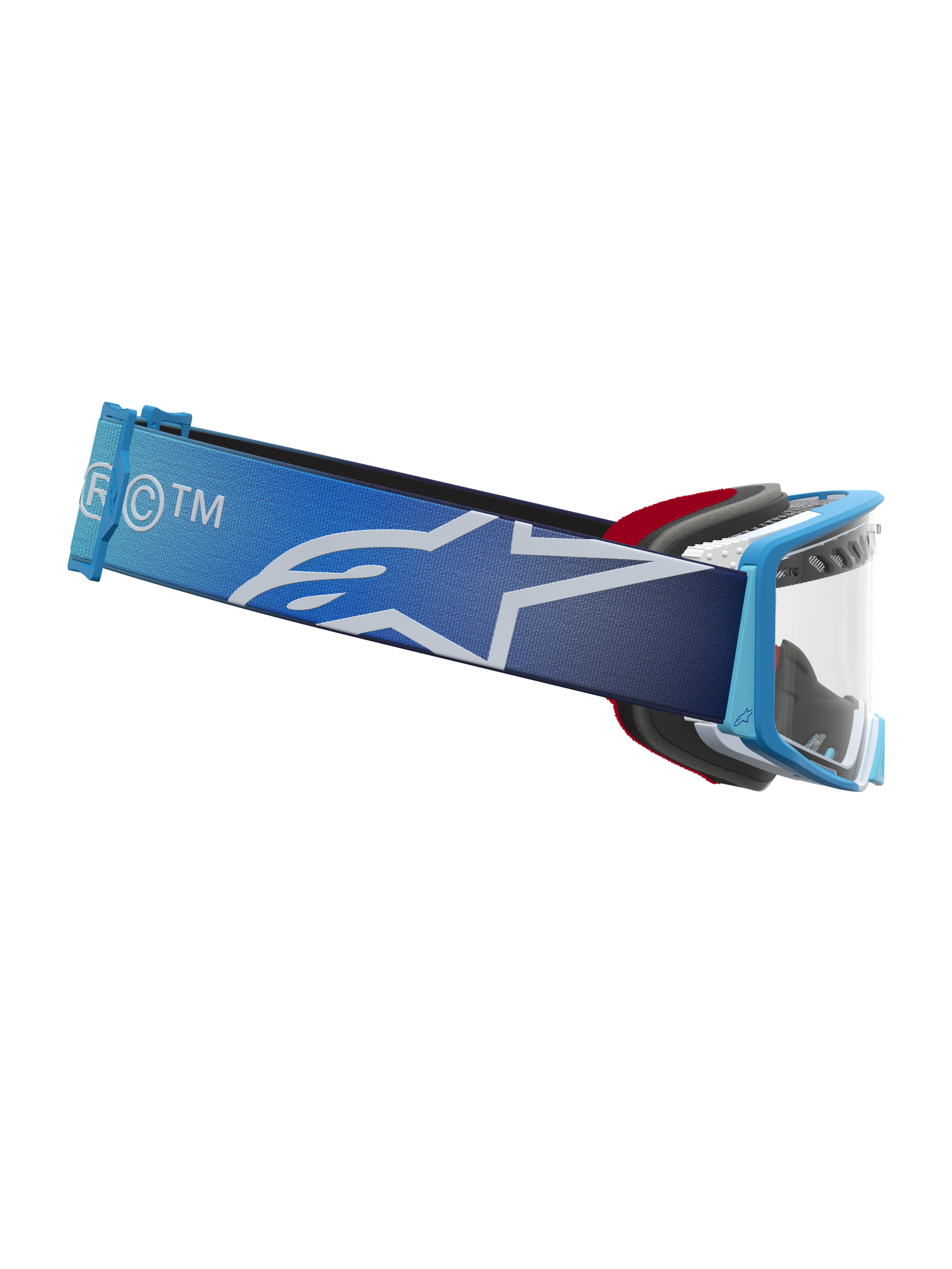 Alpinestars Supertech Dura Air Schutzbrille Fluid, Motocross-Brille mit blauem Farbverlauf, klare Scheibe und breites Band mit weißem Stern-Logo, professionelle Offroad-Ausrüstung