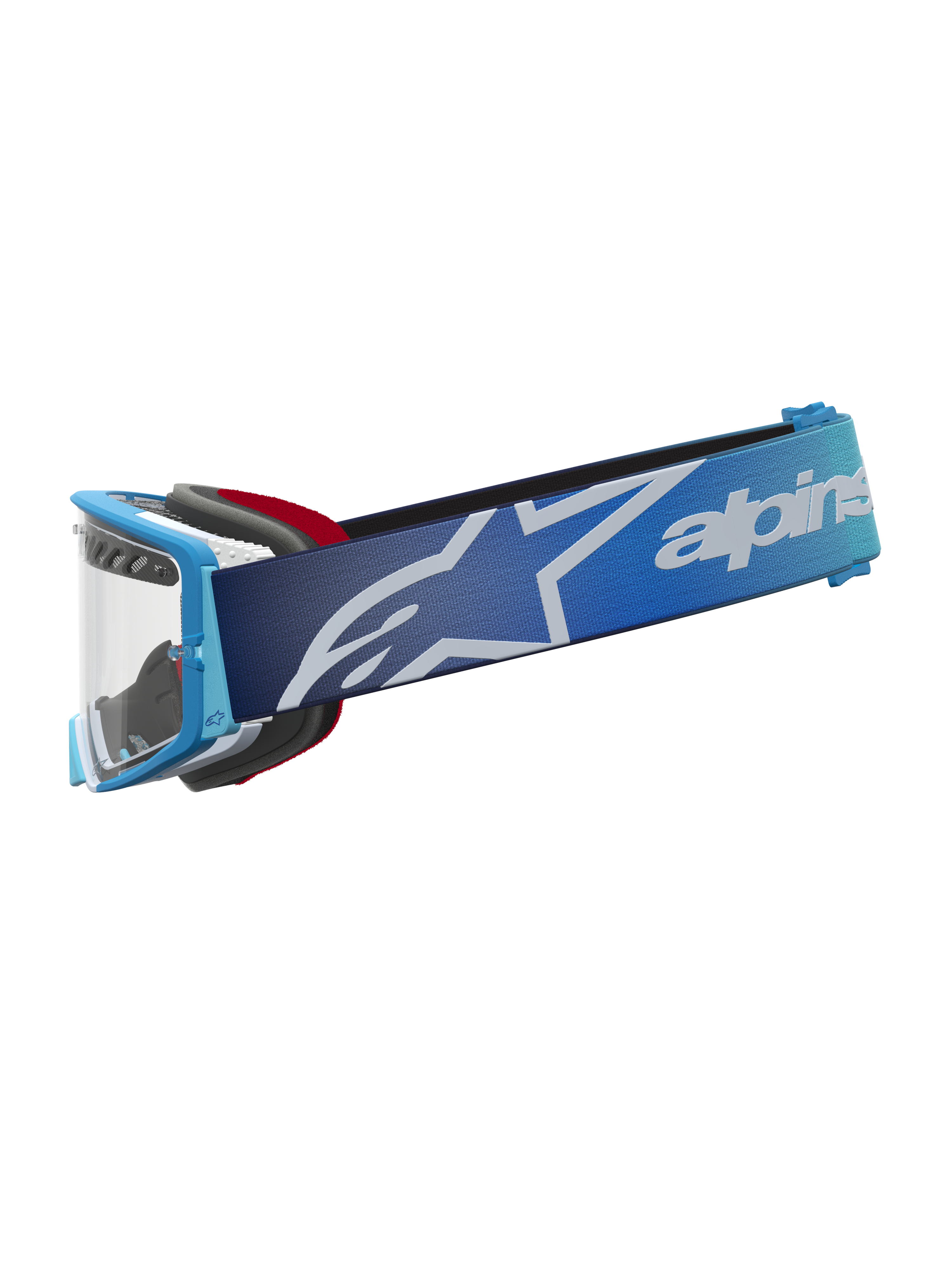 Alpinestars Supertech Dura Air Fluid Schutzbrille, Motocross-Brille in Blau, silberne klare Scheibe, Logo-Band, Offroad.