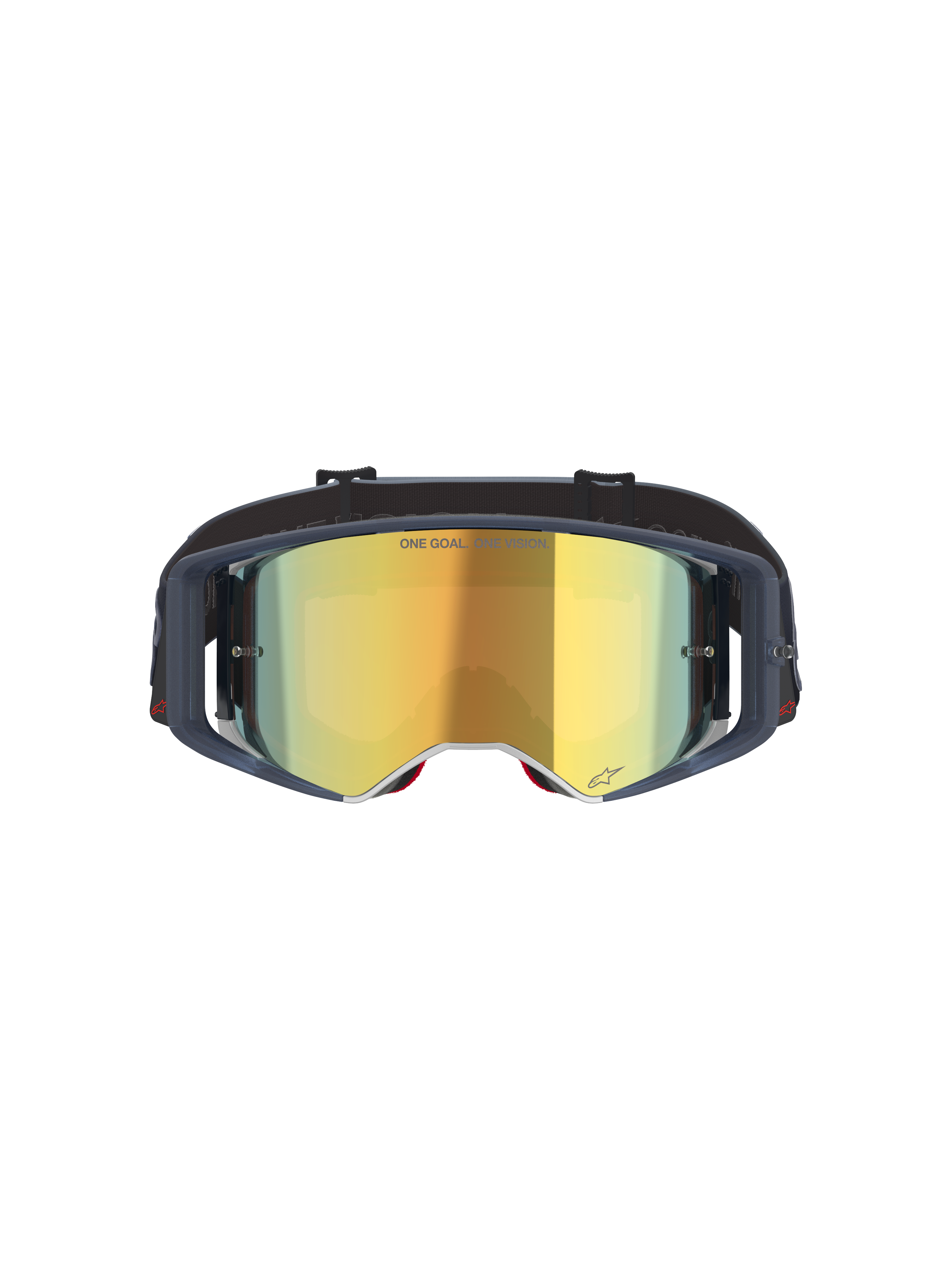Alpinestars Supertech Vision Vista Goggles, Motocross Goggles, Black Mirror Gold, front view featuring a gold mirrored lens and dark frame, professional off-road racing eyewear with "ONE GOAL. ONE VISION." text and logo details.