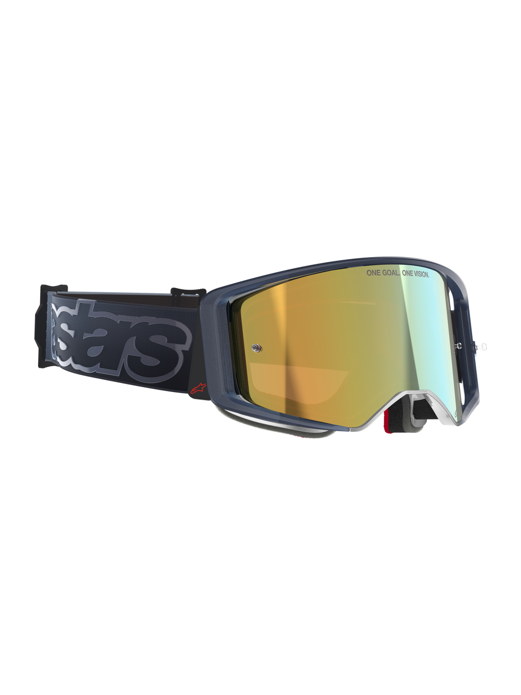 Alpinestars Supertech Vision Vista Goggles, Motocross Goggles, Black Mirror Gold, gold mirrored lens with 'ONE GOAL. ONE VISION.' inscription, dark frame with red logo accent, wide black strap with grey 'stars' branding, elite performance off-road eyewear