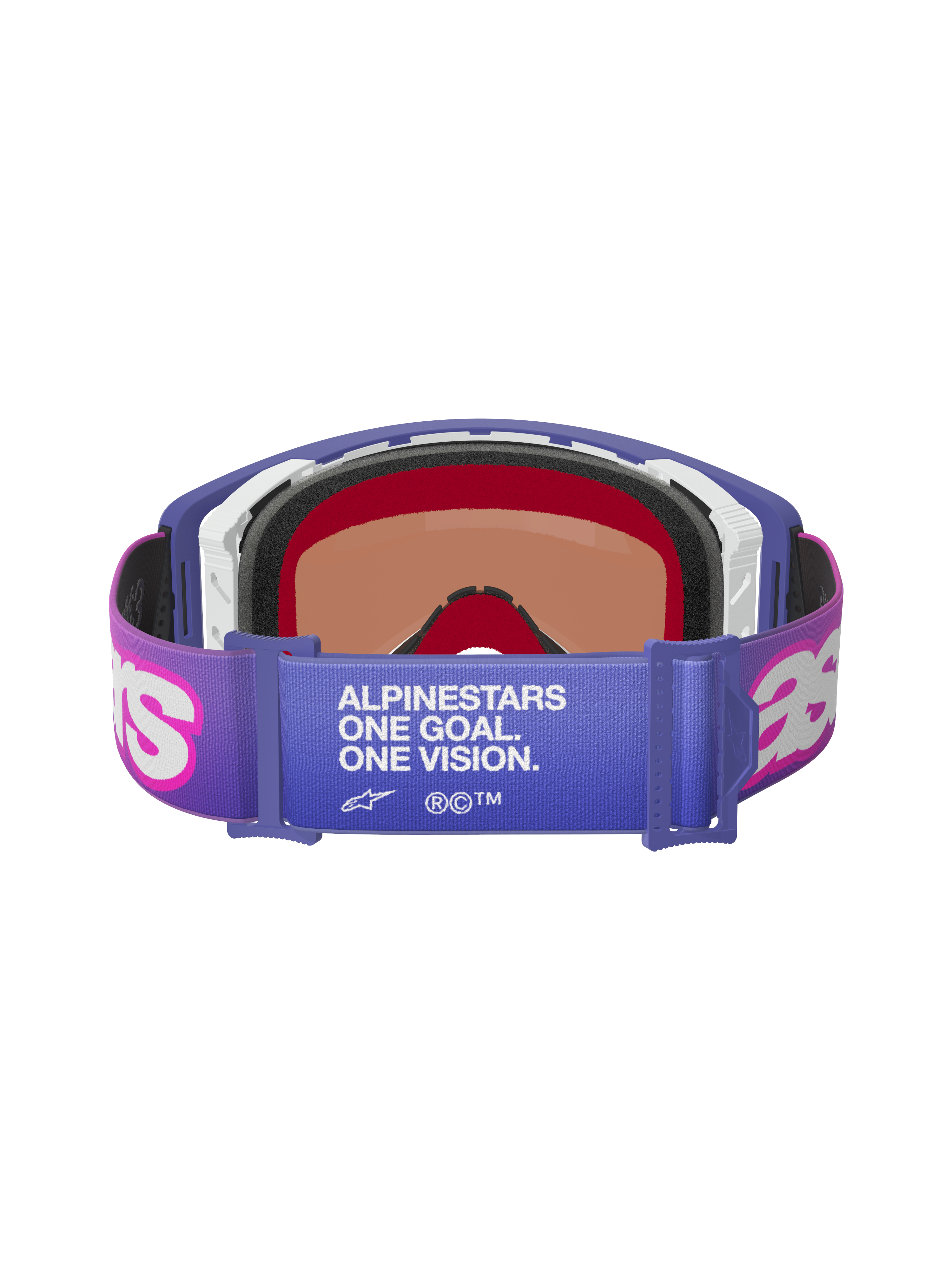 Alpinestars Supertech Vision Vista Goggles, Purple Fluo Pink Mirror Blue, rear view showing elastic strap with "ALPINESTARS ONE GOAL. ONE VISION." white text, pink Astar logos, purple frame with thick foam padding, professional off-road racing eyewear