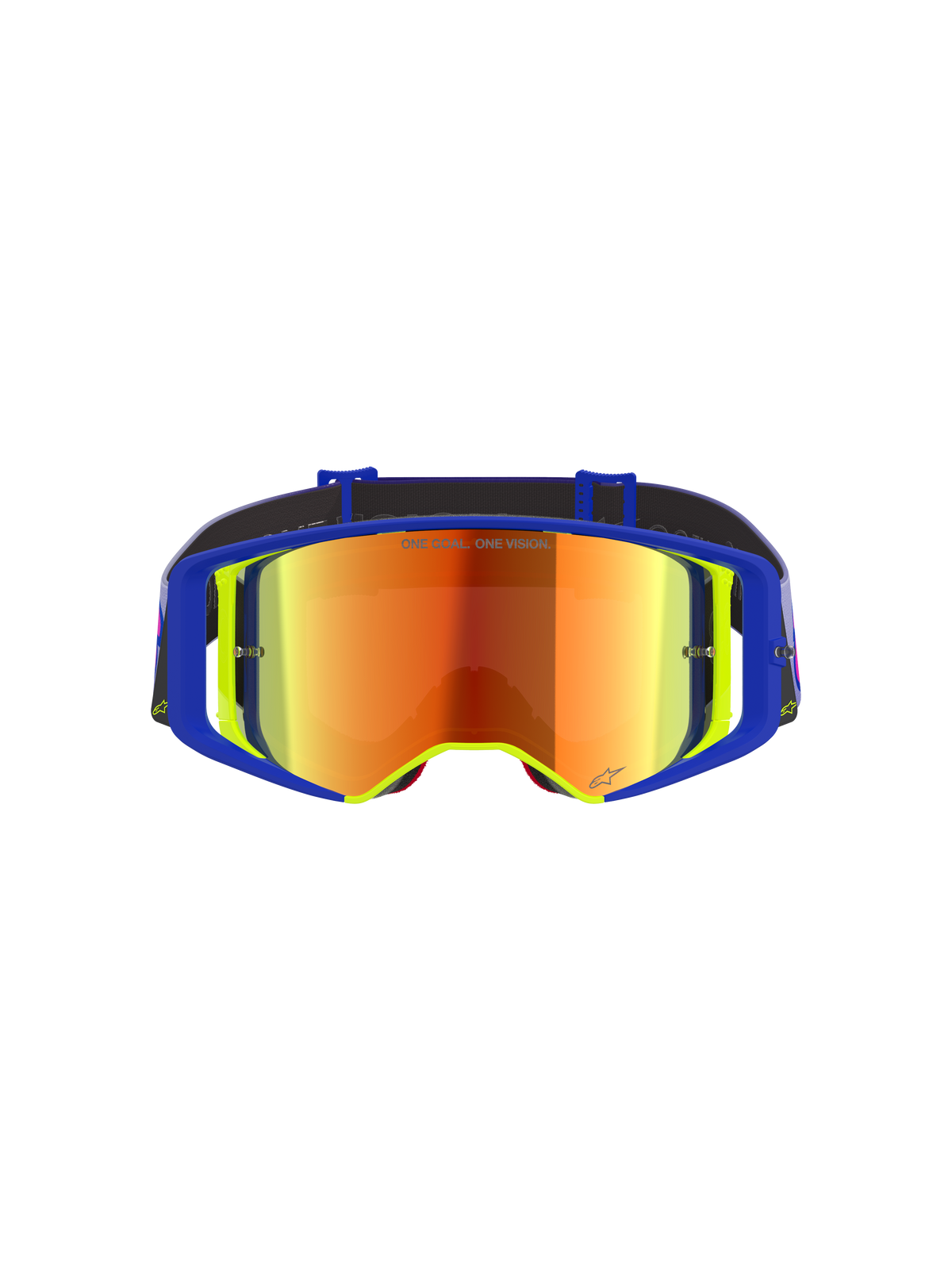 Alpinestars Supertech Vision Vista Goggles, Motocross-Brille, blau-gelber Rahmen mit rot verspiegelter Scheibe, violette und orange Reflexionen, 'ONE GOAL. ONE VISION.'-Schriftzug auf der Scheibe, professionelle High-Performance-Offroad-Brille