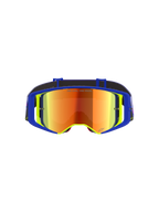 Alpinestars Supertech Vision Vista Goggles, Motocross Goggles, Blue and Yellow frame with a Mirror Red tinted lens, featuring purple and orange reflections, 'ONE GOAL. ONE VISION.' text on the lens, professional high-performance off-road eyewear