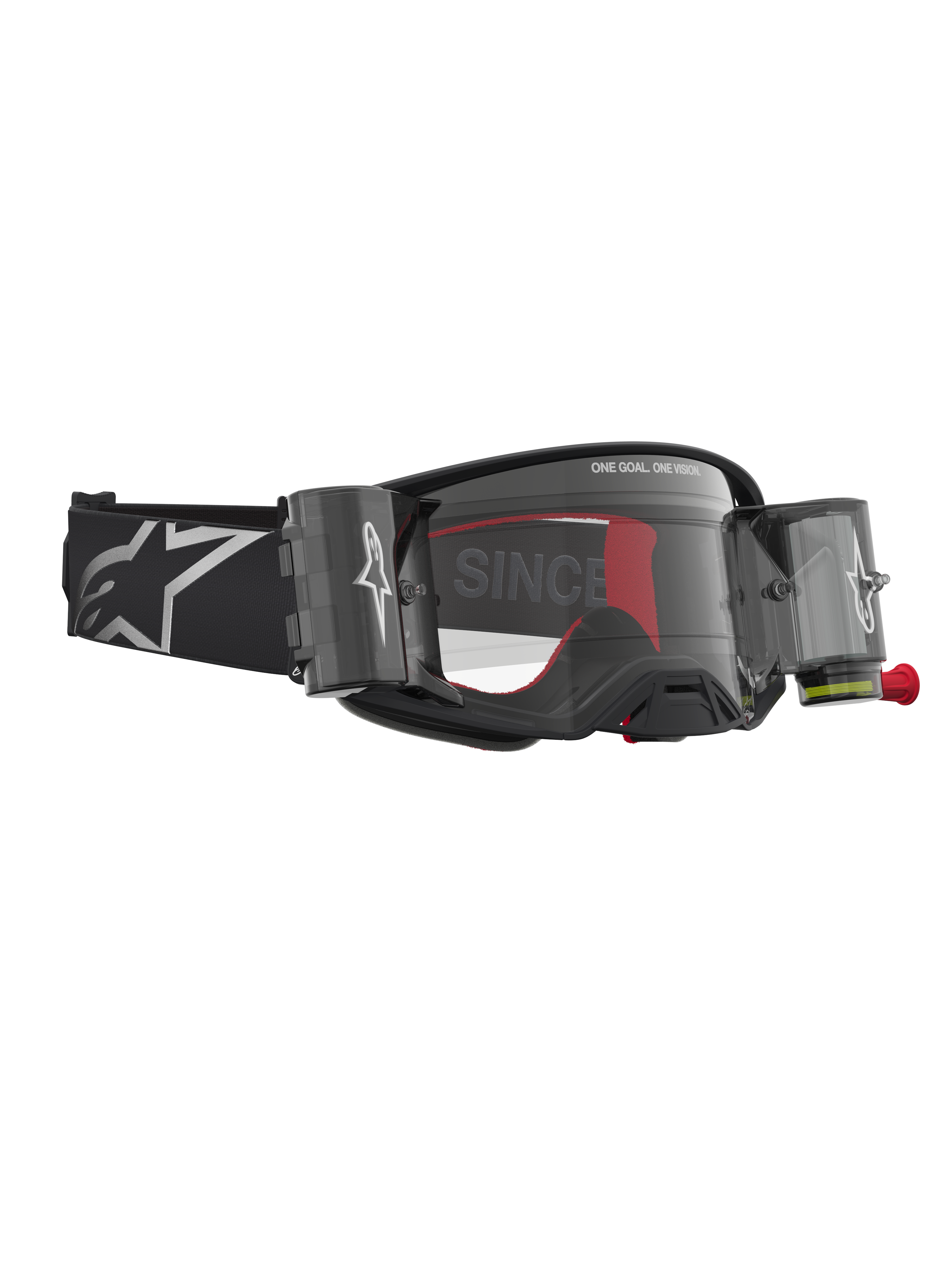 Alpinestars Supertech Firma Schutzbrille Roll-Off, Motocross-Brille, Schwarz und Silber mit klarem Roll-Off-System.