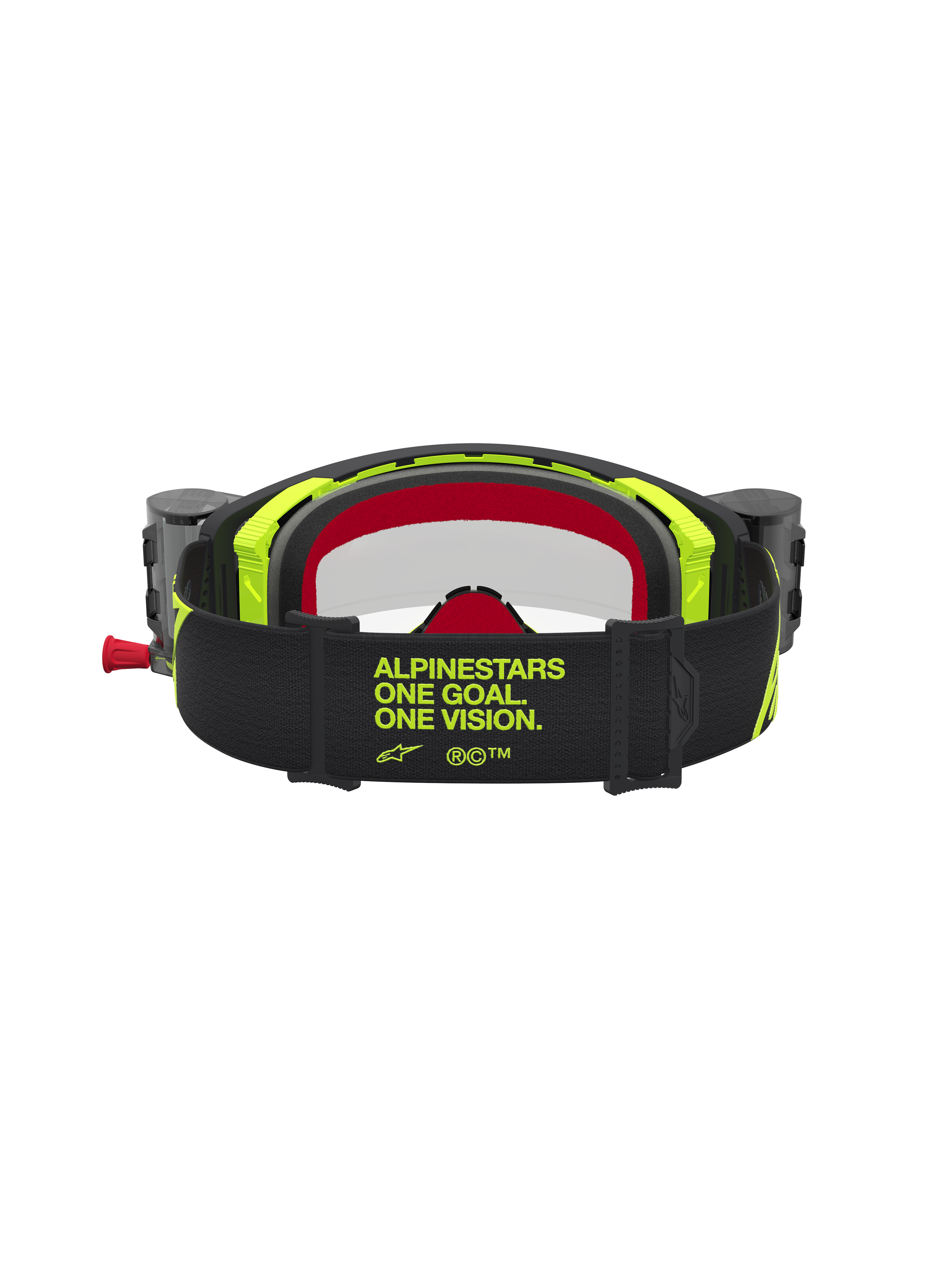 Alpinestars Supertech Firma Roll-Off Schutzbrille, Motocross-Brille in Schwarz und Gelb Fluo, Rückansicht mit Markenband.