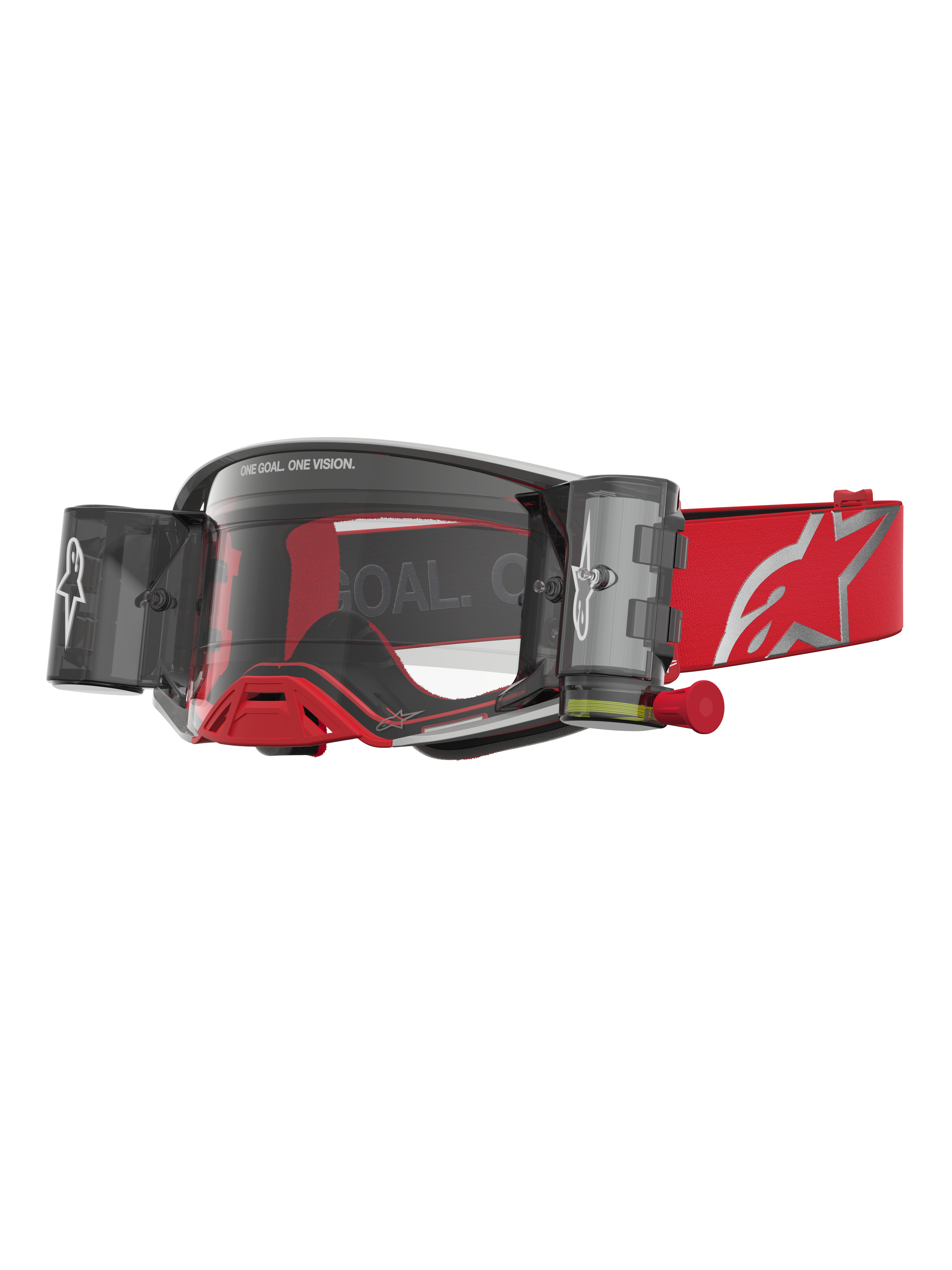 Alpinestars Supertech Firma Schutzbrille Roll-Off, Motocross, Rot und Silber, klare Scheiben, Roll-Off-Kartuschen.