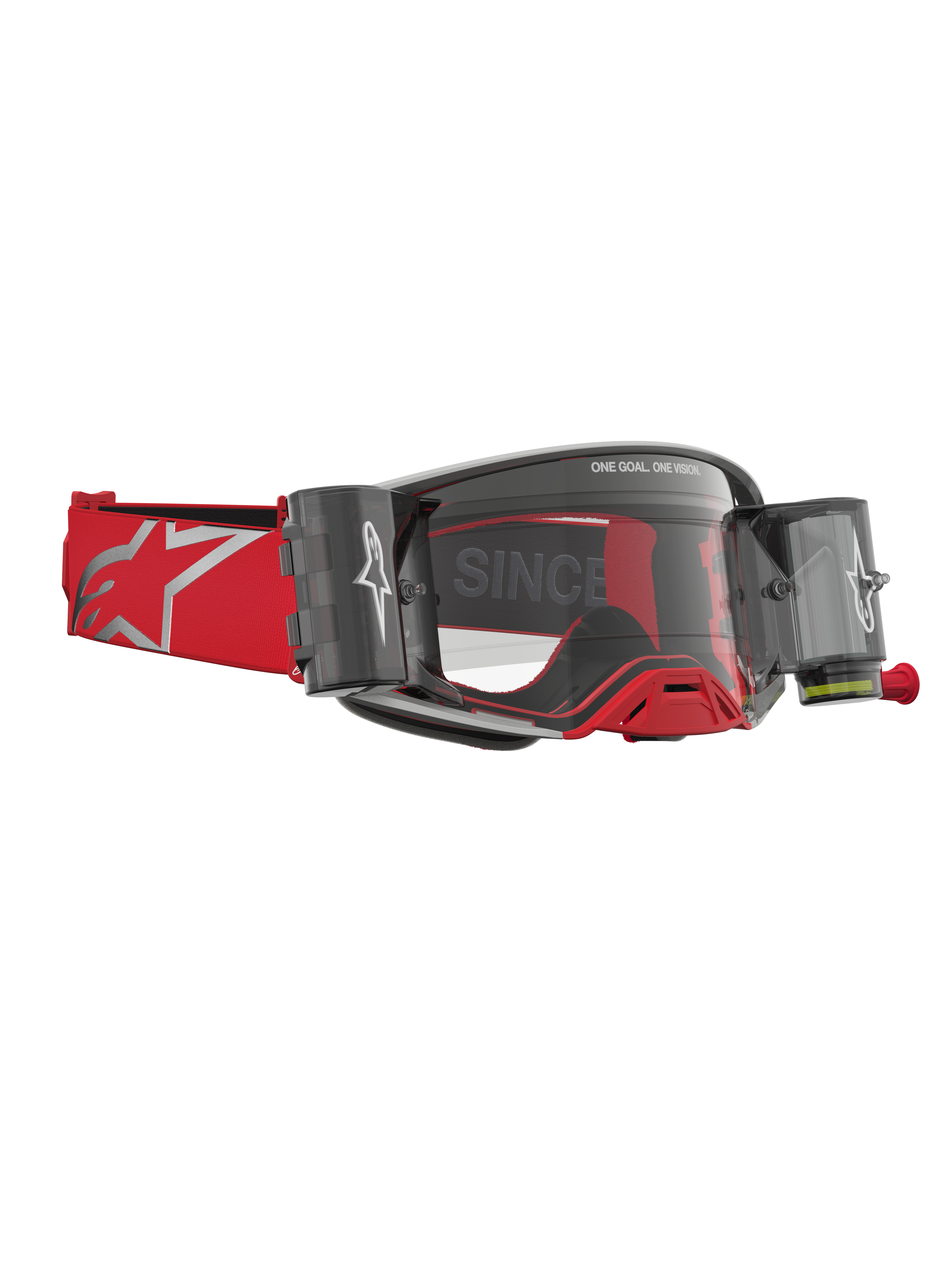 Alpinestars Supertech Firma Schutzbrille Roll-Off, rot-silberne Motocross-Brille mit integrierten Roll-Off-Kartuschen.