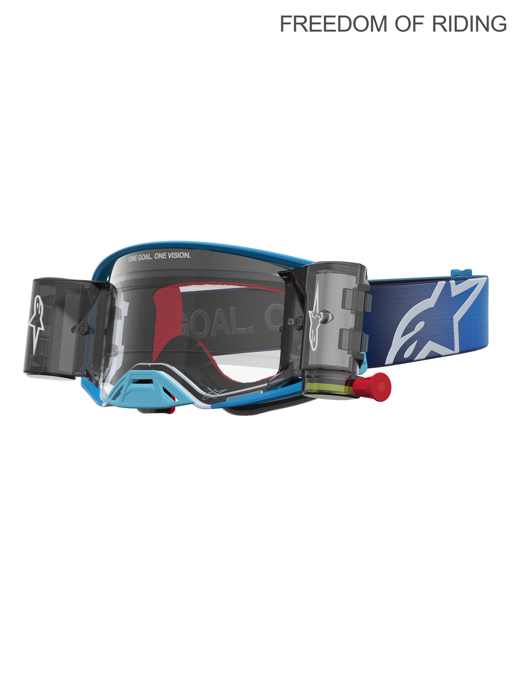Alpinestars Supertech Firma Roll-Off Schutzbrille, Motocross- und Offroad-Rennsportbrille, Blau und Silber, Unisex, mit integrierten Roll-Off-Kartuschen für klare Sicht, hochklare Polycarbonat-Scheibe und breites blaues verstellbares Brillenband mit weißem Logo. Entwickelt für Supercross und erstklassige Motocross-Leistung.