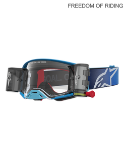 Alpinestars Supertech Firma Roll-Off Schutzbrille, Motocross- und Offroad-Rennsportbrille, Blau und Silber, Unisex, mit integrierten Roll-Off-Kartuschen für klare Sicht, hochklare Polycarbonat-Scheibe und breites blaues verstellbares Brillenband mit weißem Logo. Entwickelt für Supercross und erstklassige Motocross-Leistung.
