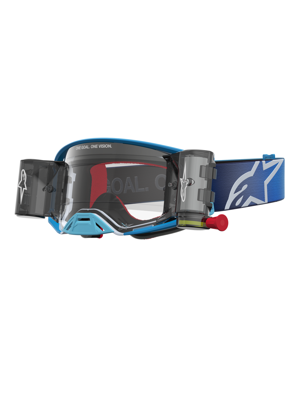 Alpinestars Supertech Firma Roll Off Goggles, blue motocross goggles with clear lens and integrated roll-off canisters.