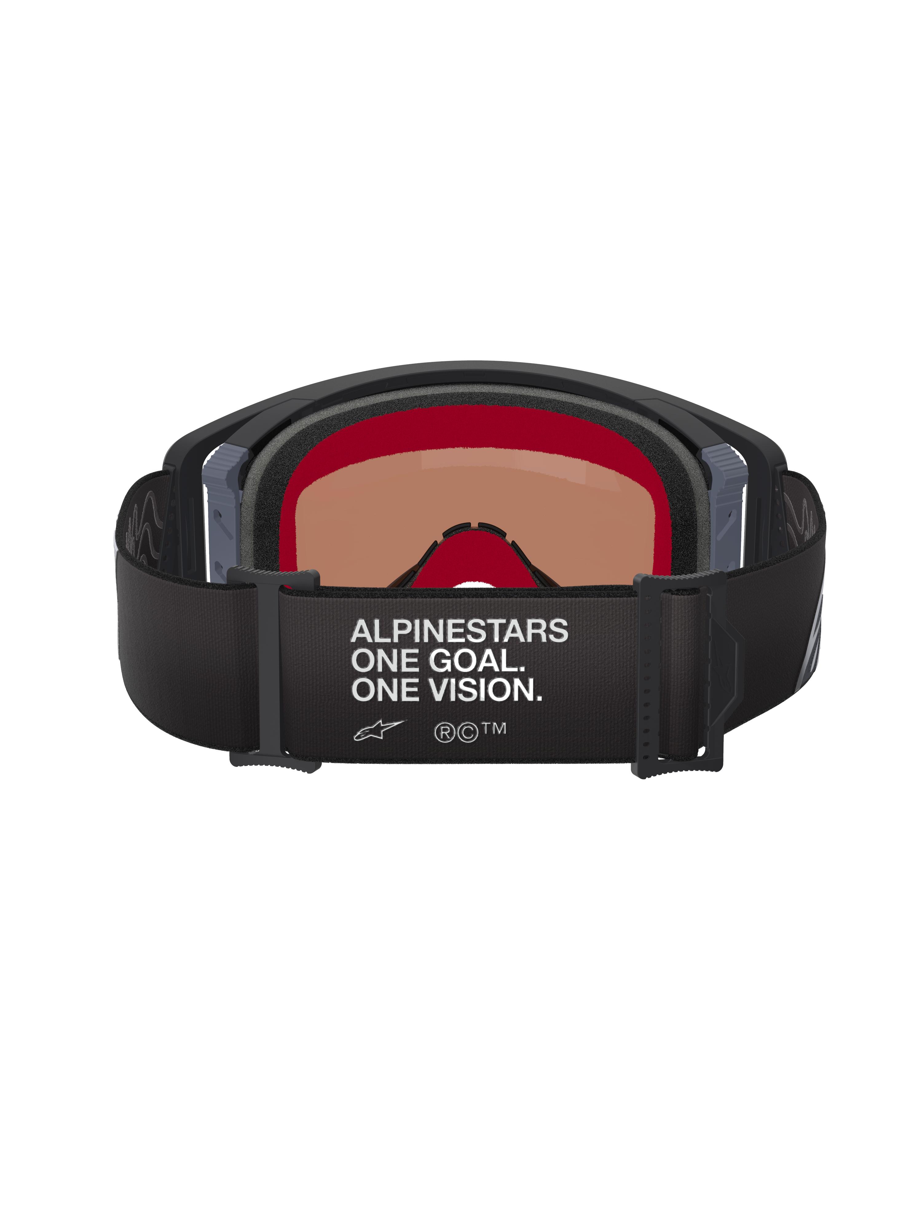 Alpinestars Supertech Corp Goggles Absolute Vision, Motocross-Brille, Schwarz und Grau, Rückansicht mit schwarzem, verstellbarem Band mit weißem „ALPINESTARS ONE GOAL. ONE VISION.“ Schriftzug, warm getönte Scheibe und mehrlagiger Gesichtsschaum.