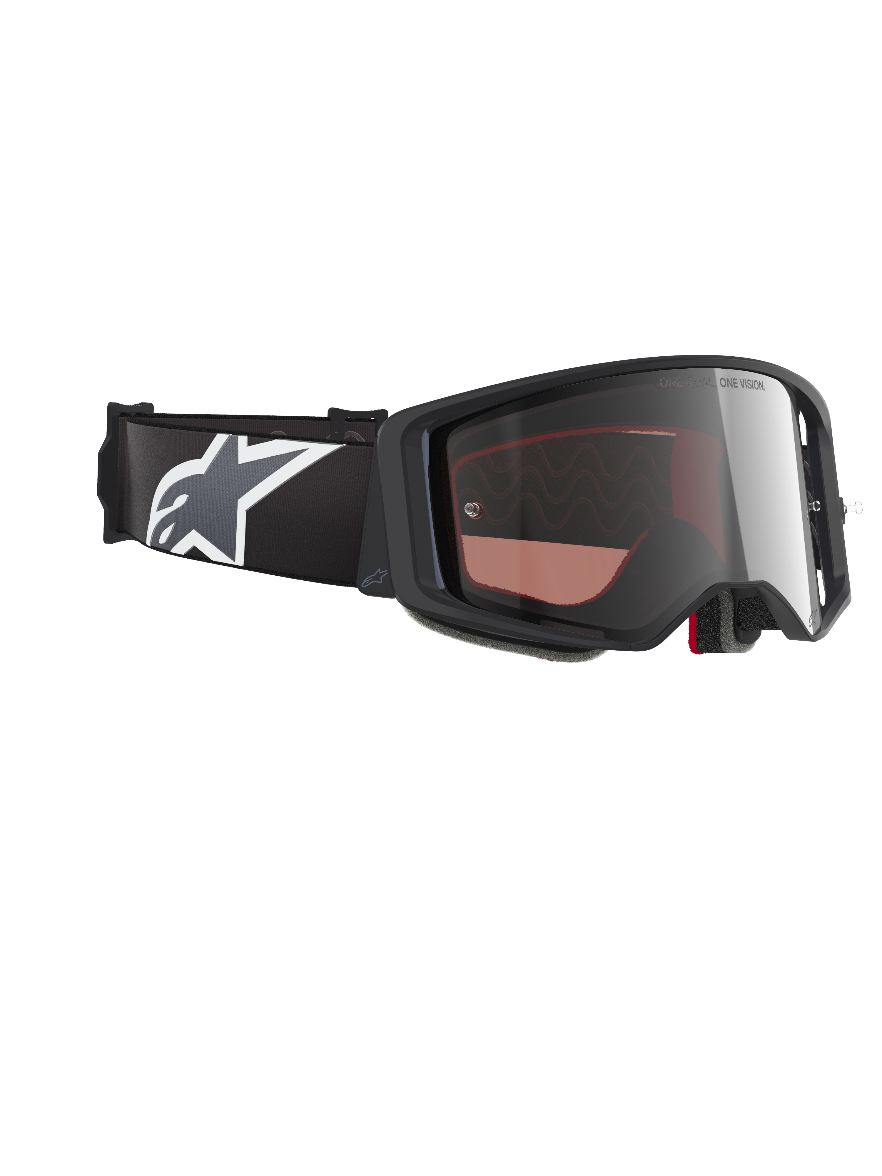 Alpinestars Supertech Corp Goggles Absolute Vision, Motocross-Brille, schwarz-grauer Rahmen mit verspiegelten silbernen Gläsern, breites schwarzes Band mit weiß-grauem Astars-Logo, Performance-Brille für Offroad-Rennsport.
