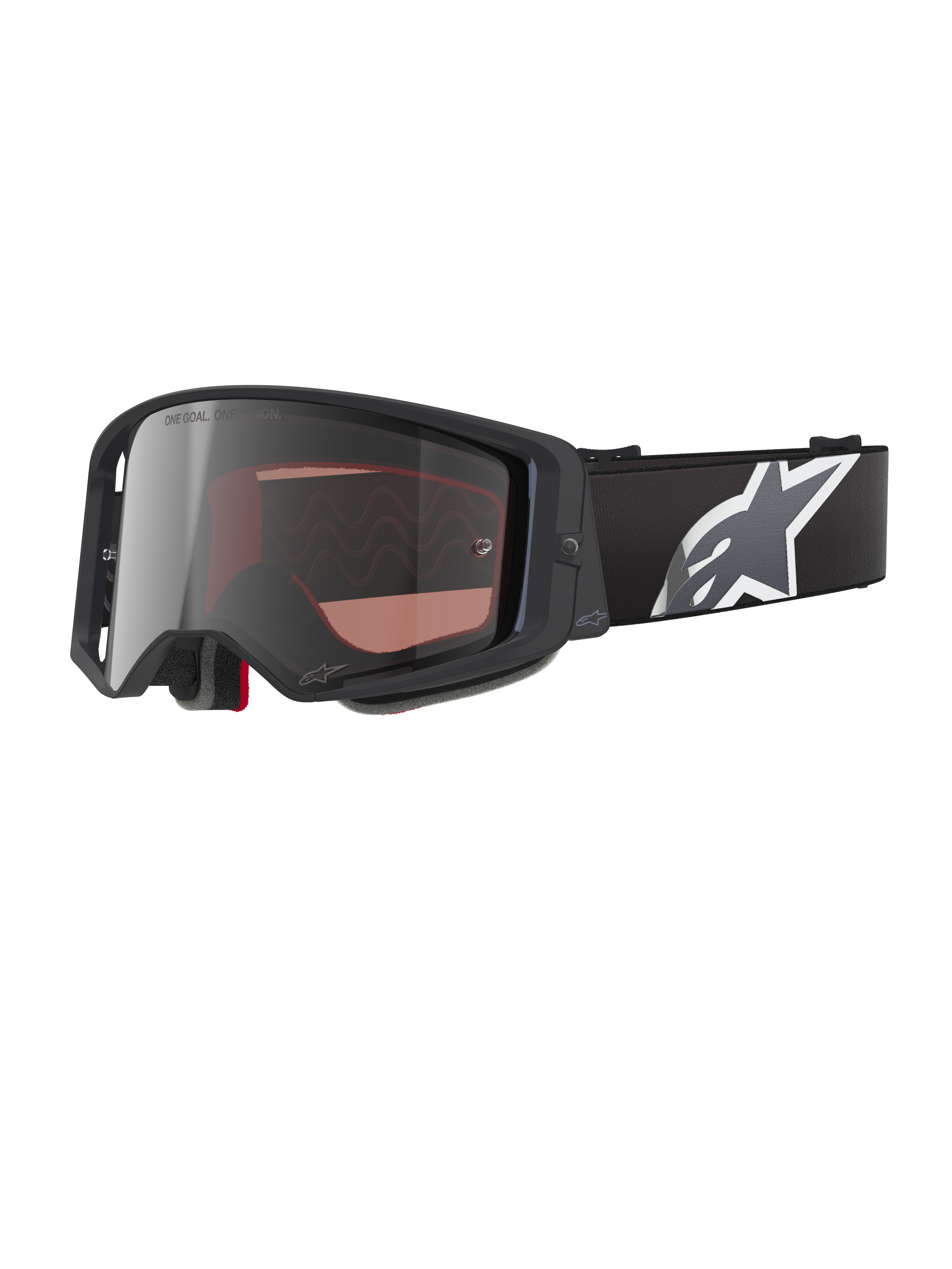 Alpinestars Supertech Corp Goggles Absolute Vision, Motocross-Brille, Schwarz und Grau mit silbern verspiegelter Linse, eckiger Rahmen, verstellbares schwarzes Band mit markantem weißen Stern-Logo, mehrschichtiger Gesichtsschaum für Offroad-Performance.