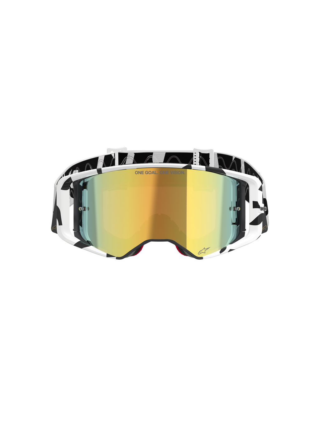 Alpinestars Supertech Corp Goggles Absolute Vision, Motocross-Brille, Weiß und Gold verspiegelt, mit schwarz-weißem Grafik-Rahmen und Band, gold verspiegeltes Brillenglas mit „ONE GOAL. ONE VISION.“ Schriftzug, Hochleistungs-Offroad-Brille