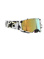 Alpinestars Supertech Corp Absolute Vision Motocross-Brille, Motocross-Brille, weißer Rahmen mit schwarzen Grafikmustern, gold verspiegelte Linse, weiß-schwarzes Band mit goldenem Alpinestars-Logo, Hochleistungs-Schutzbrille für den Rennsport.