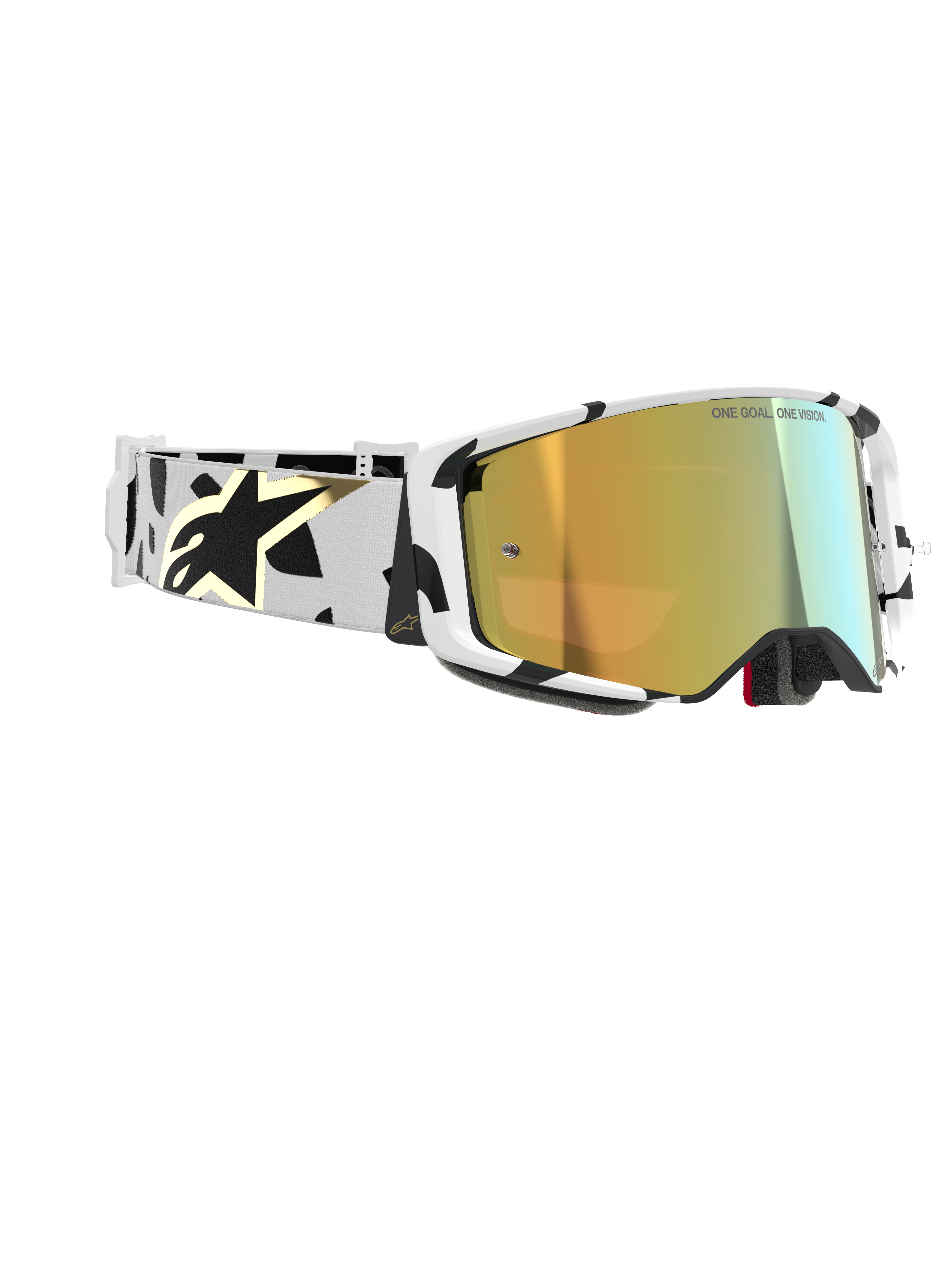 Alpinestars Supertech Corp Absolute Vision Motocross-Brille, Motocross-Brille, weißer Rahmen mit schwarzen Grafikmustern, gold verspiegelte Linse, weiß-schwarzes Band mit goldenem Alpinestars-Logo, Hochleistungs-Schutzbrille für den Rennsport.