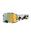 Alpinestars Supertech Corp Goggles Absolute Vision, Motocross-Brille, weiß-schwarz gemusterter Rahmen mit gold verspiegelter Linse, breites Band mit schwarzem abstraktem Design und goldenem Alpinestars-Logo, "ONE GOAL. ONE VISION." Schriftzug auf der Linse, Hochleistungs-Rennausrüstung
