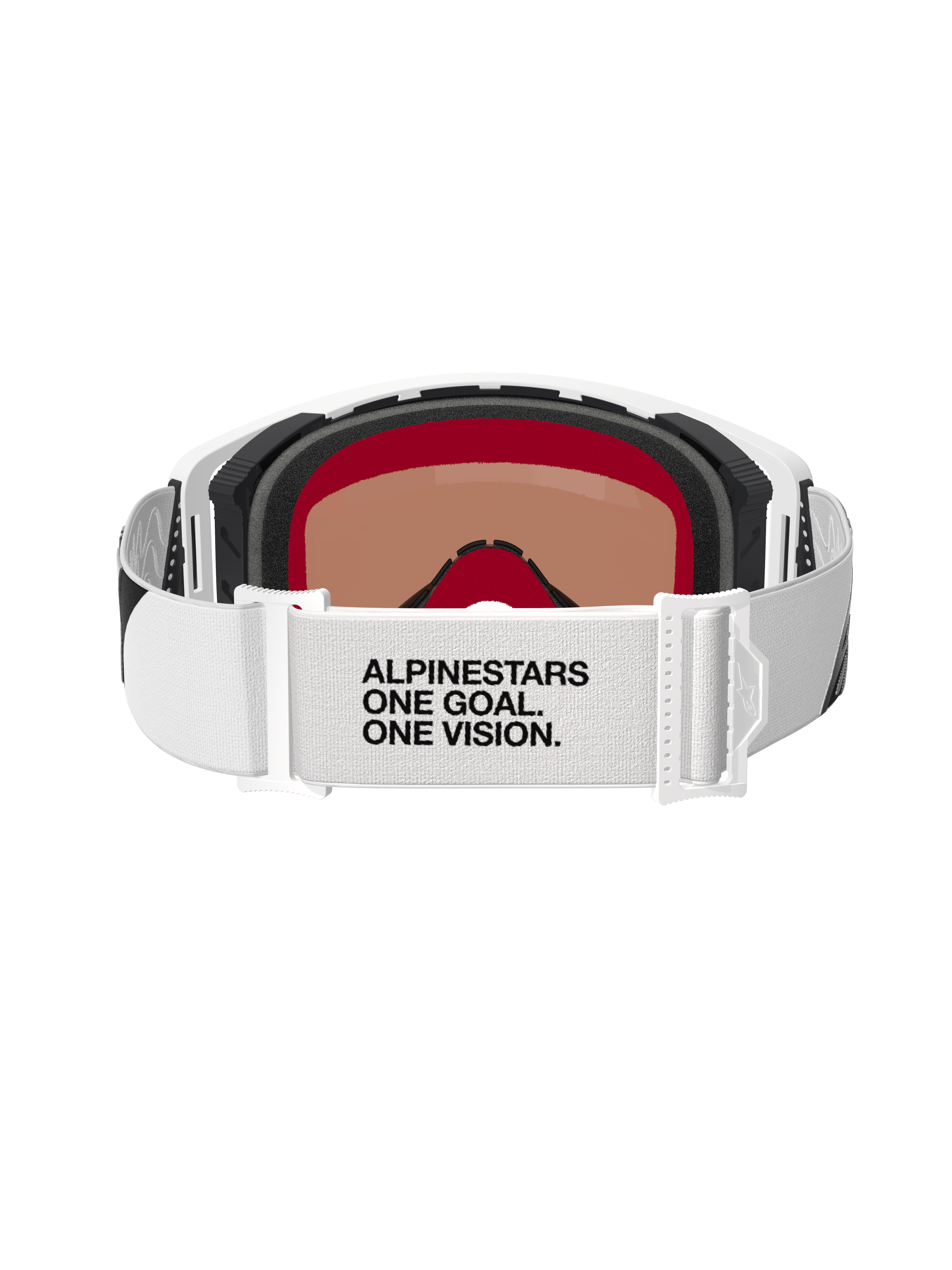 Alpinestars Supertech Corp Goggles Absolute Vision, Motocross-Brille, Weiß und Silber verspiegelt, Rückansicht mit weißem Band und „ALPINESTARS ONE GOAL. ONE VISION.“ Text, mehrlagiger Gesichtsschaum und elegantes weißes Rahmendesign