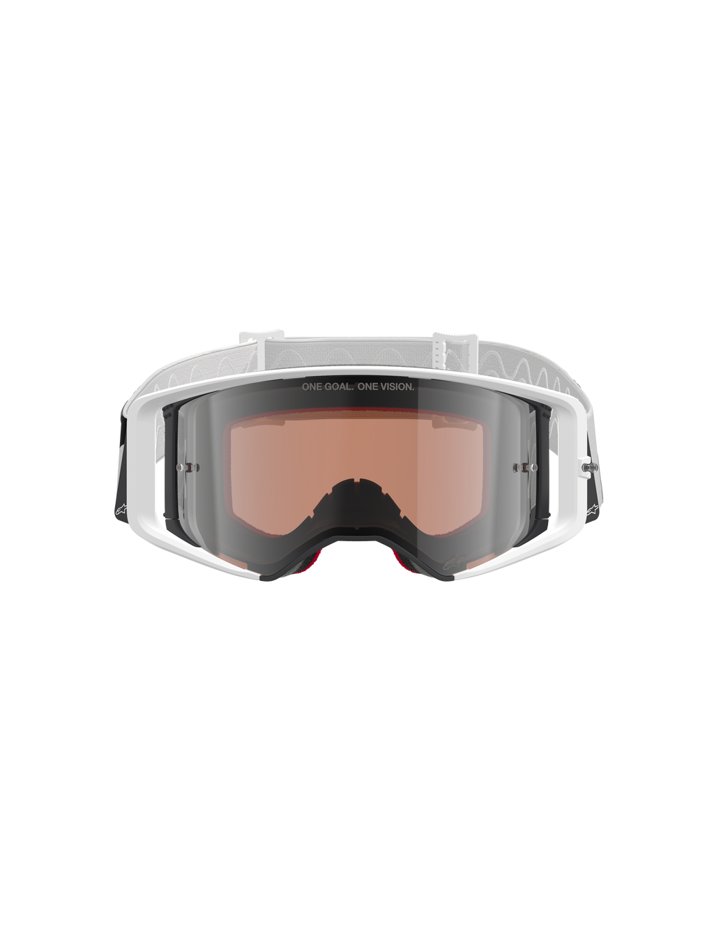 Alpinestars Supertech Corp Goggles Absolute Vision, Motocross-Brille, Weiß und Silber verspiegelt, Vorderansicht mit weißem Rahmen und silber verspiegelter Scheibe mit dem Schriftzug „ONE GOAL. ONE VISION.“, verstellbares weißes Band mit Alpinestars-Logo, Hochleistungs-Schutzausrüstung für den Offroad-Rennsport