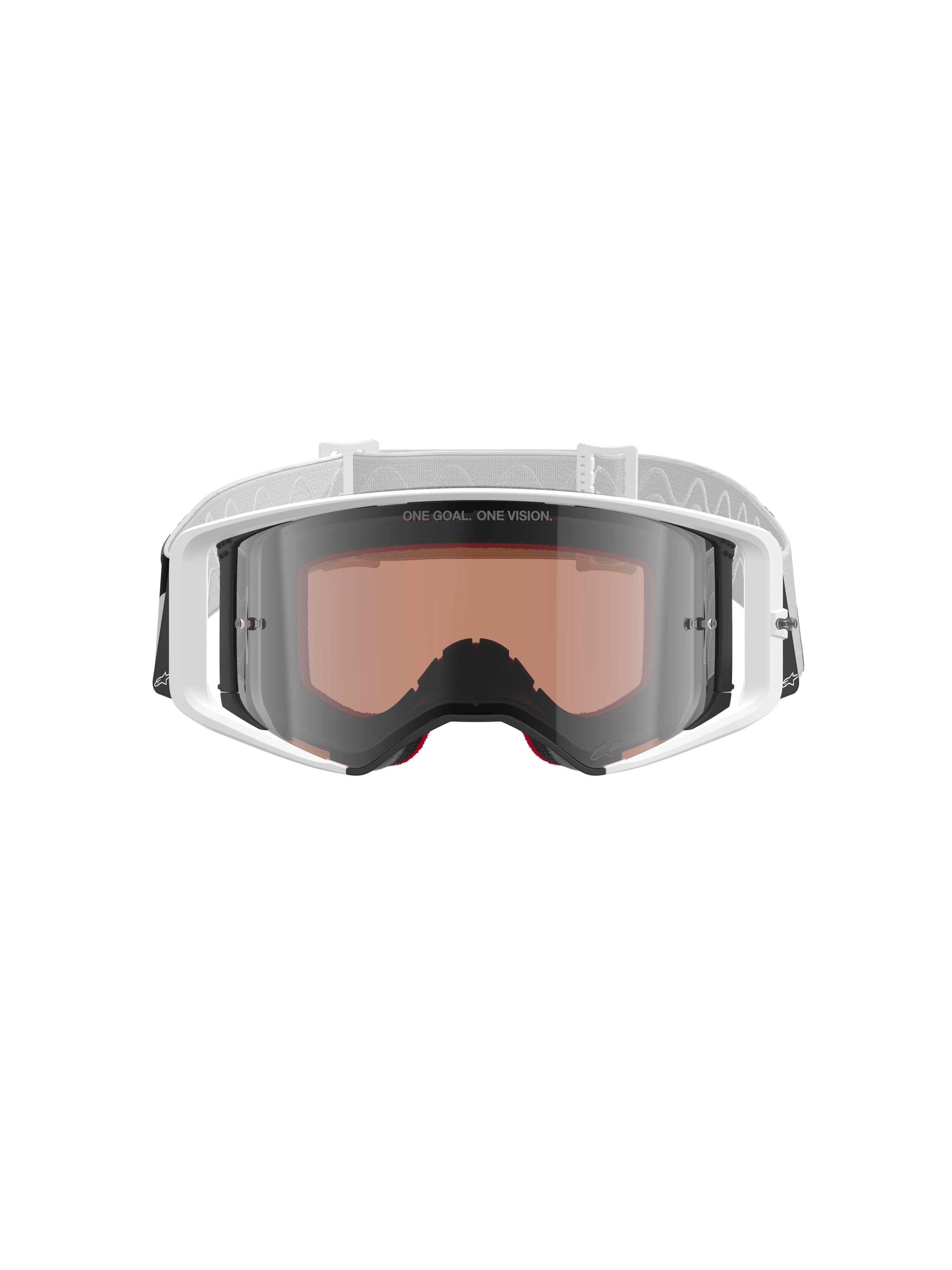 Alpinestars Supertech Corp Goggles Absolute Vision, Motocross-Brille, Weiß und Silber verspiegelt, Vorderansicht mit weißem Rahmen und silber verspiegelter Scheibe mit dem Schriftzug „ONE GOAL. ONE VISION.“, verstellbares weißes Band mit Alpinestars-Logo, Hochleistungs-Schutzausrüstung für den Offroad-Rennsport