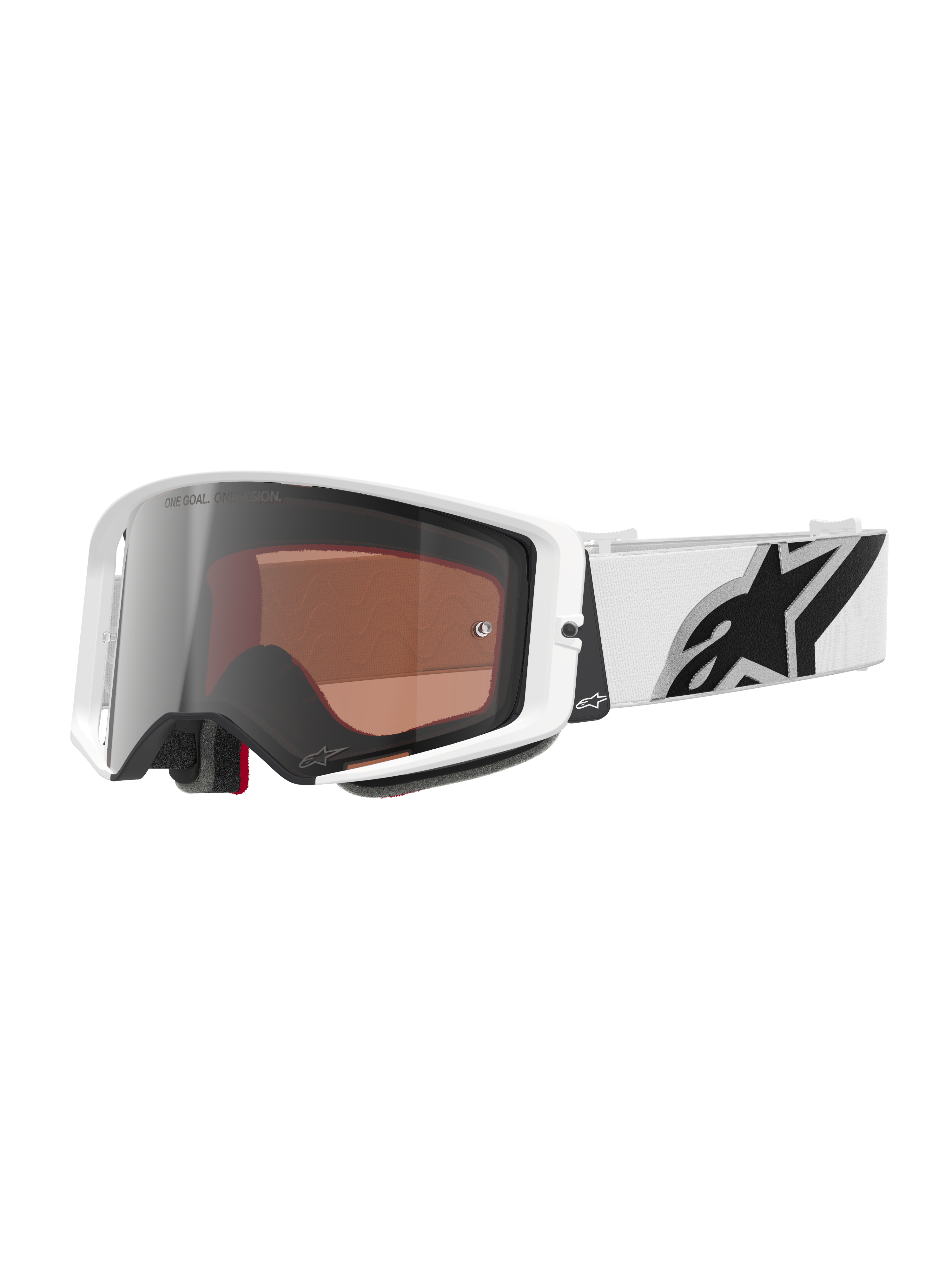 Alpinestars Supertech Corp Brille Absolute Vision, Motocross-Brille, weißer Rahmen mit silber verspiegelter Linse, breites weißes verstellbares Band mit großem schwarzem Alpinestars-Sternlogo, Hochleistungs-Schutzbrille für den Offroad-Rennsport