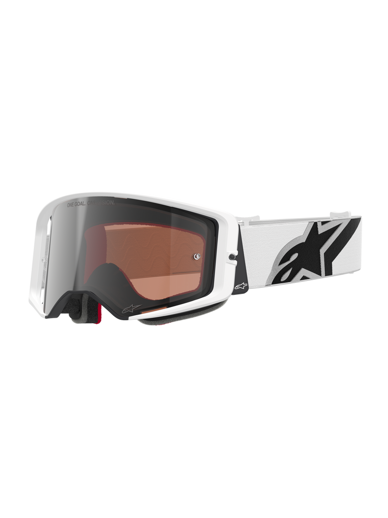 Alpinestars Supertech Corp Brille Absolute Vision, Motocross-Brille, weißer Rahmen mit silber verspiegelter Linse, breites weißes verstellbares Band mit großem schwarzem Alpinestars-Sternlogo, Hochleistungs-Schutzbrille für den Offroad-Rennsport