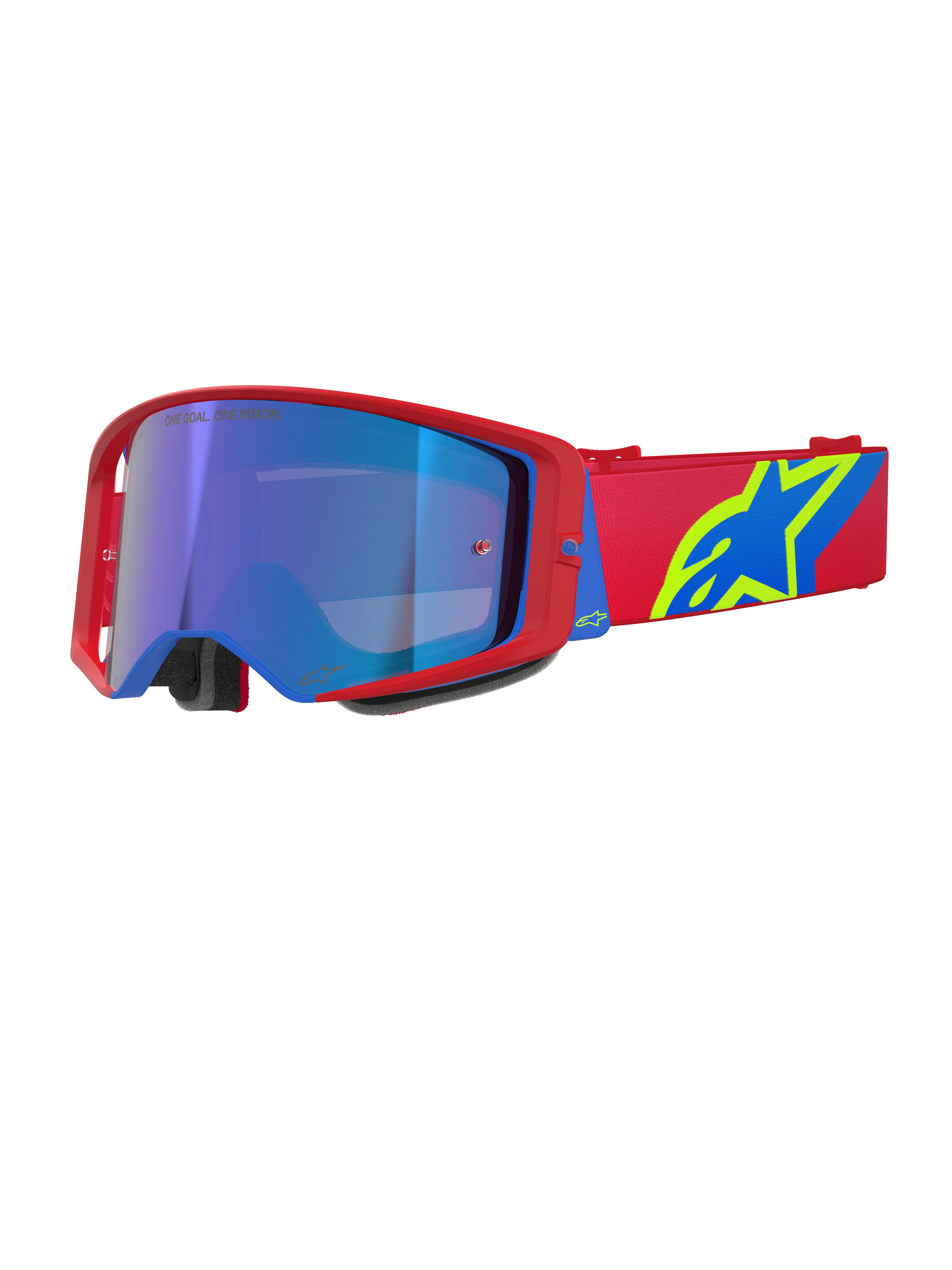 Alpinestars Supertech Corp Goggles Absolute Vision, Motocross Goggles, Red and Blue frame with Mirror Blue lens, red strap with bold yellow and blue Alpinestars logo, high-performance eyewear for off-road and racing